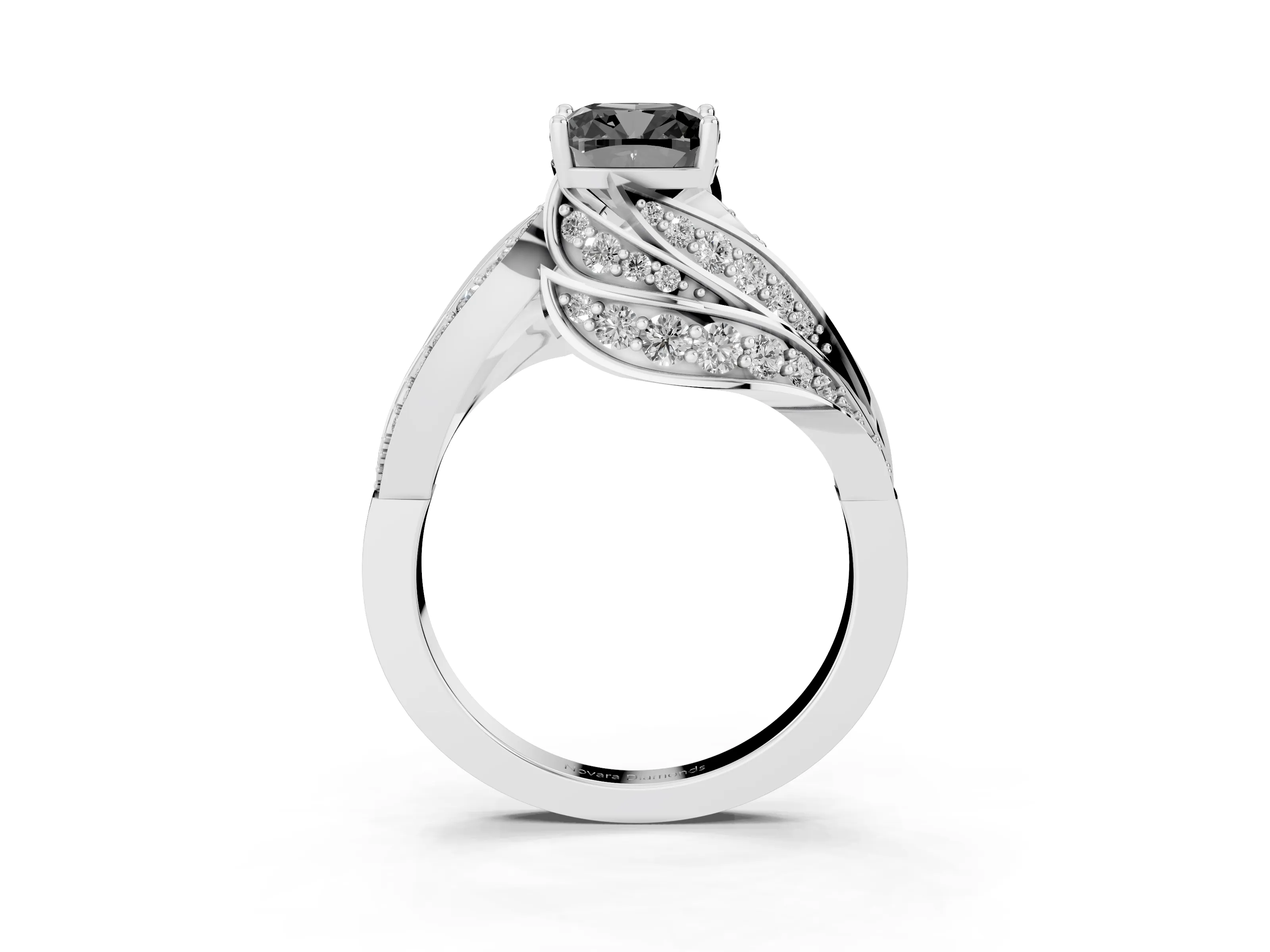Fancy Black Cushion Cut Diamond Solitaire Ring Set in Platinum with Layered Twist Pavé Band