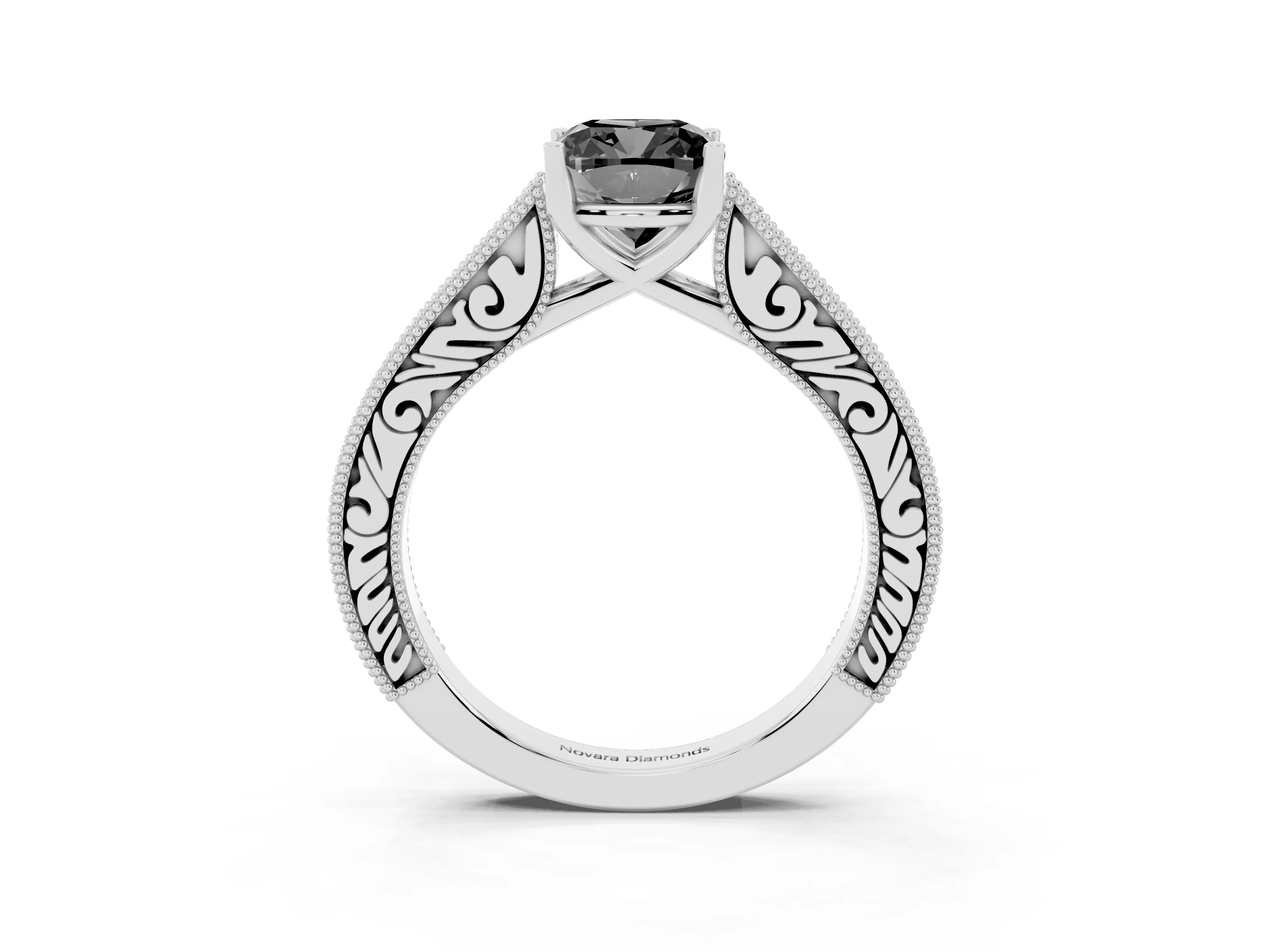 Fancy Black Cushion Cut Diamond Milgrain Pavé Band Solitaire Ring Set in White gold with Prong Setting