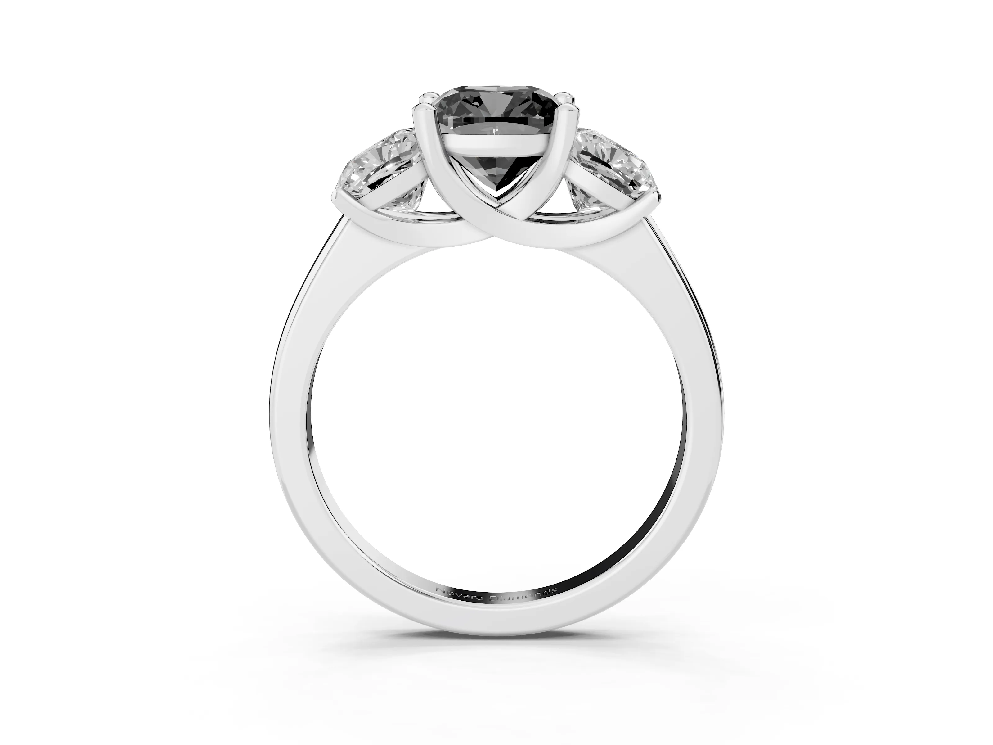 Fancy Black Cushion Cut Diamond Three-Stone Ring Set in White gold with Classic Prong Setting and Plain Band
