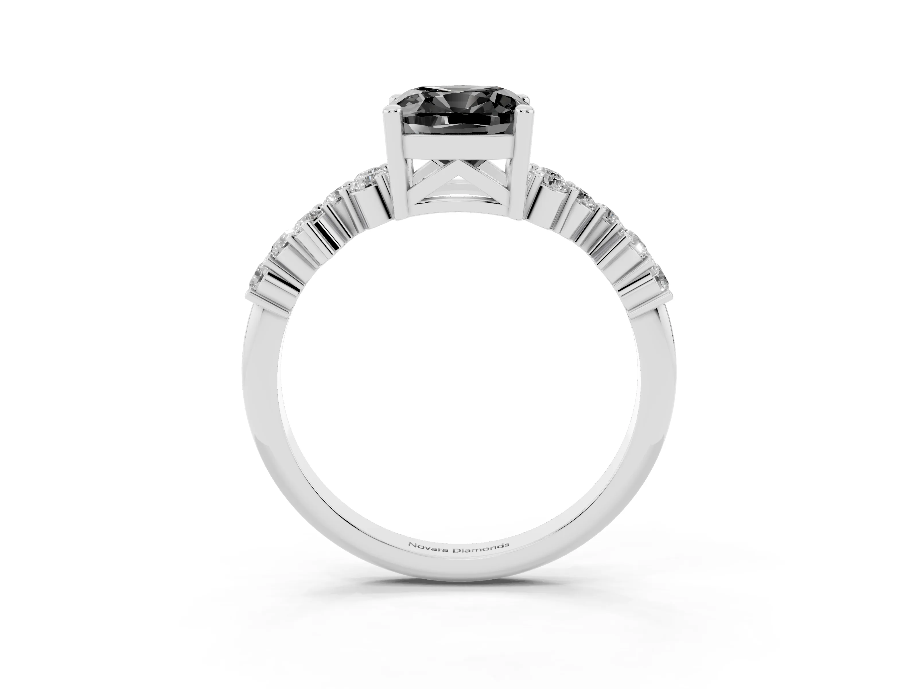 Fancy Black Cushion Cut Diamond Ring Set in Silver with Scattered Round Accents