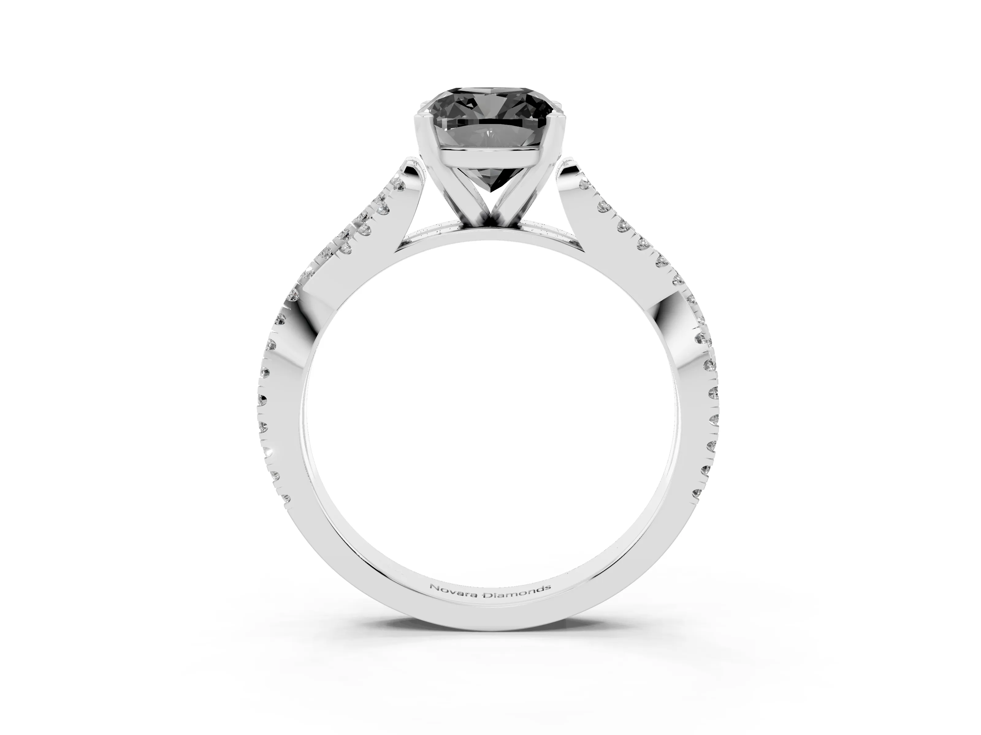 Fancy Black Cushion Cut Diamond Solitaire Engagement Ring Set in White gold with Twisted Pavé Band and Prong Setting