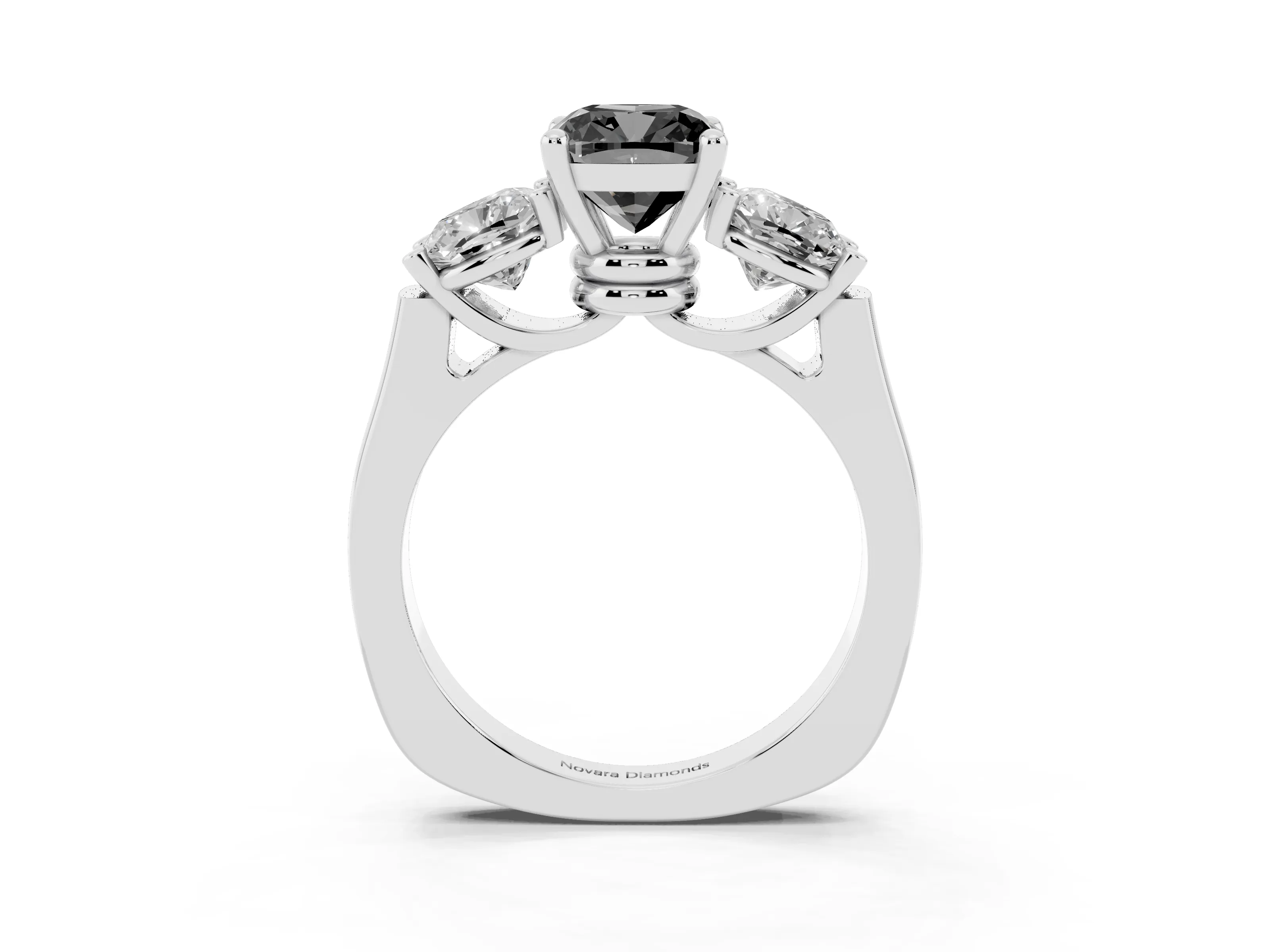 Fancy Black Cushion Cut Diamond Three-Stone Trellis Ring Set in Platinum with Comfort Fit Band