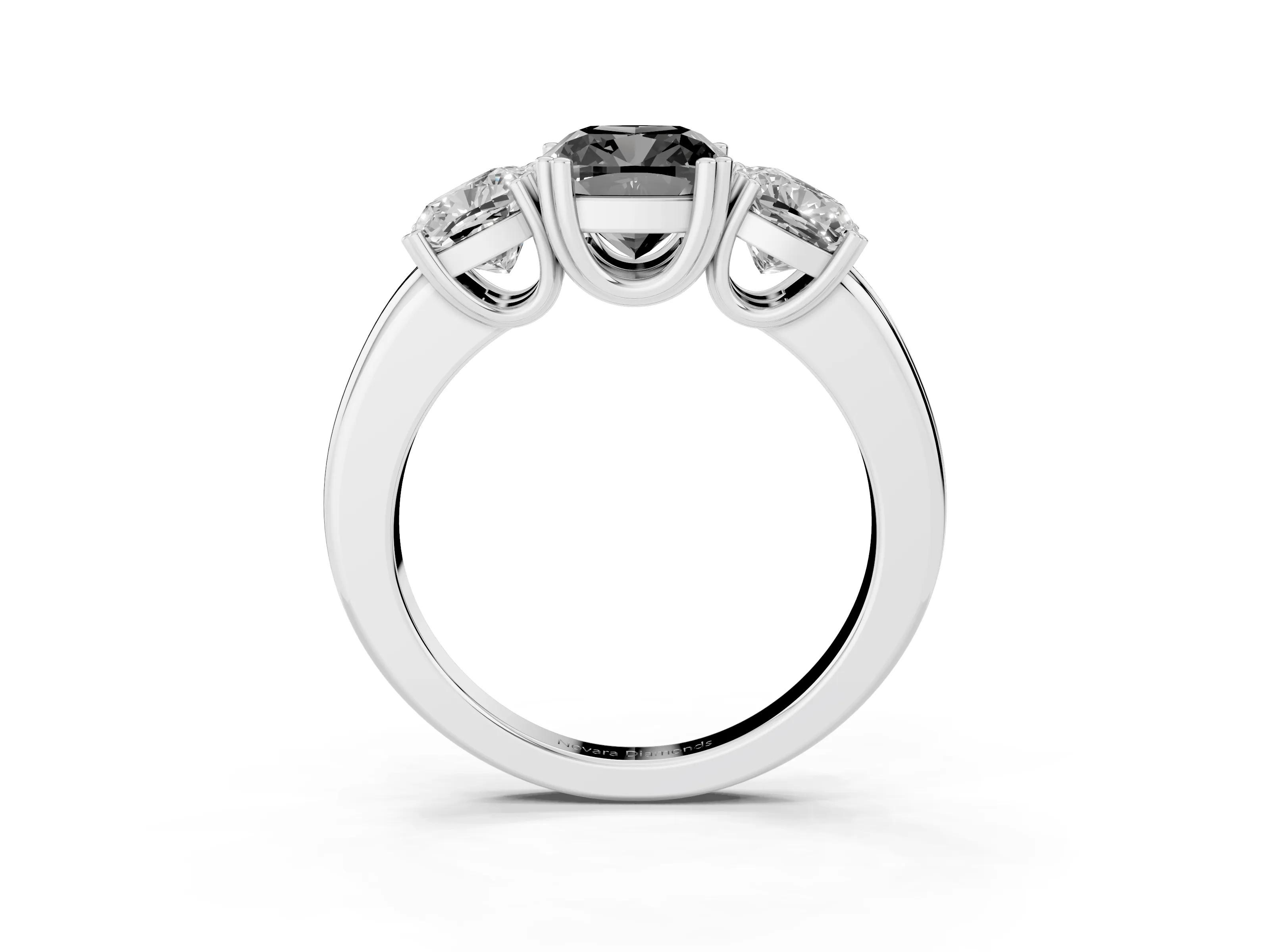 Fancy Black Cushion Cut Diamond Three-Stone Ring Set in Silver with Polished Band and Prong Setting