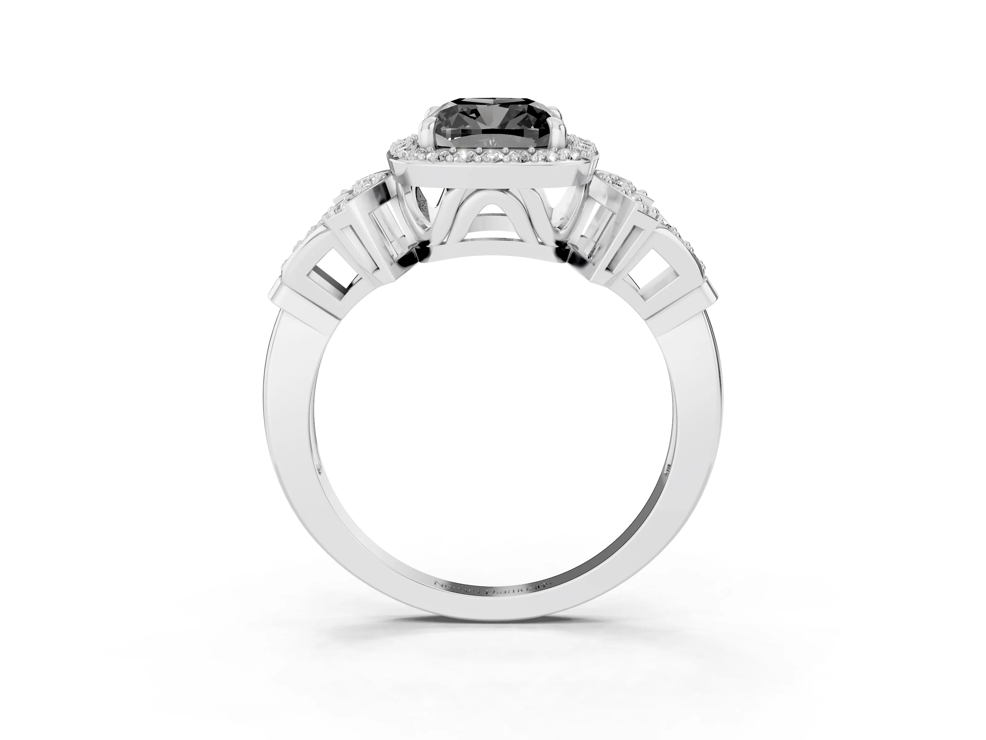 Fancy Black Cushion Cut Diamond Halo Engagement Ring Set in White gold with Accent Stone Split Shank