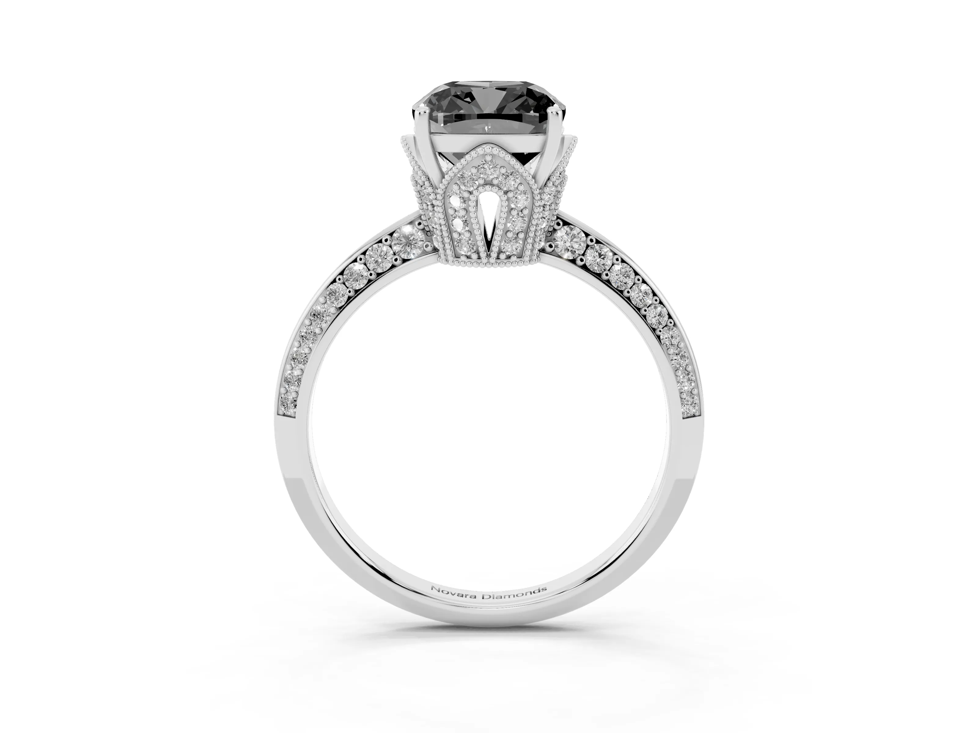 Fancy Black Cushion Cut Diamond Solitaire Engagement Ring Set in White gold with Pavé Split Shank and Prong Setting