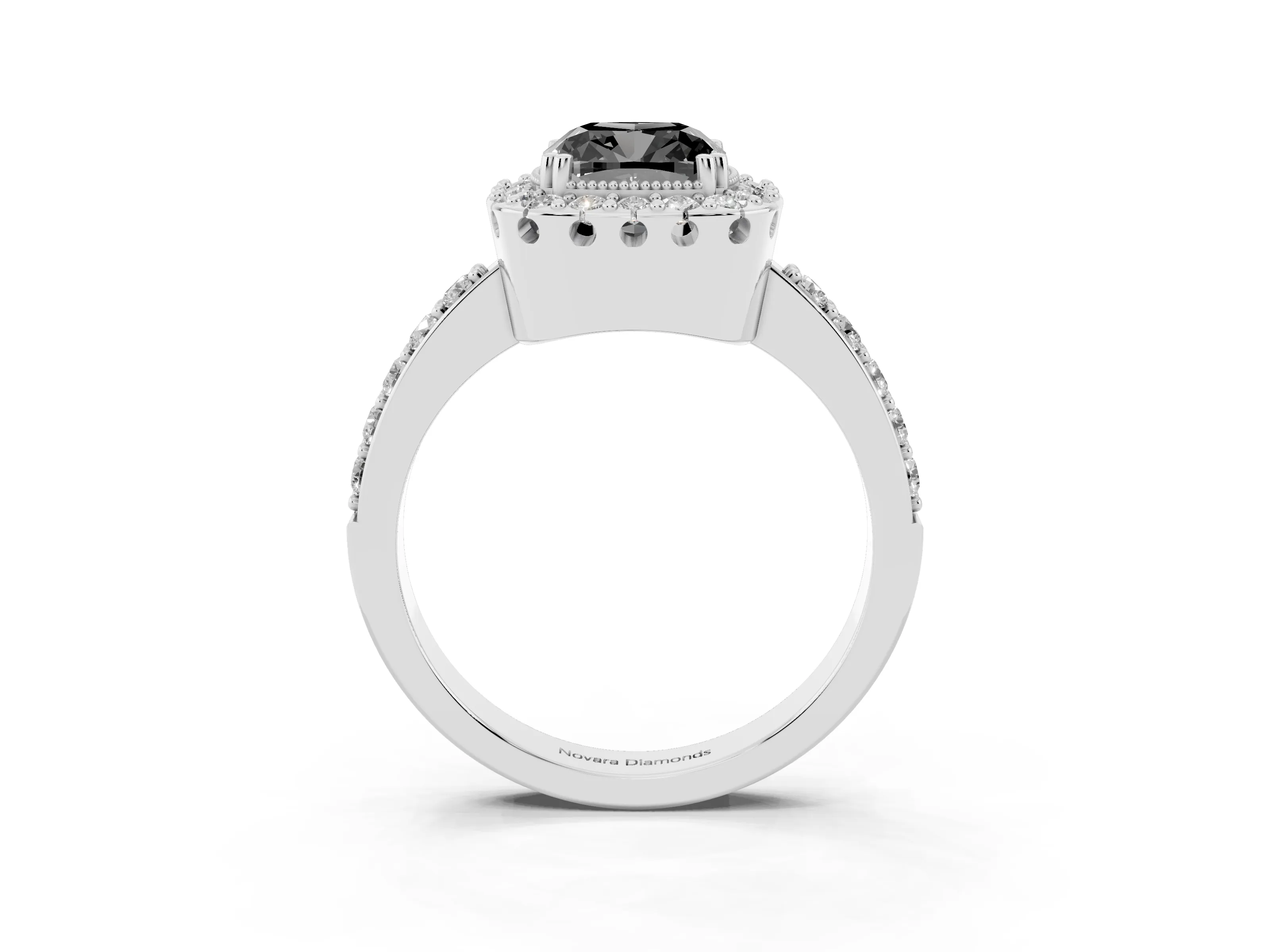 Fancy Black Cushion Cut Diamond Halo Ring Set in White gold with Pavé Shank and Prong Setting