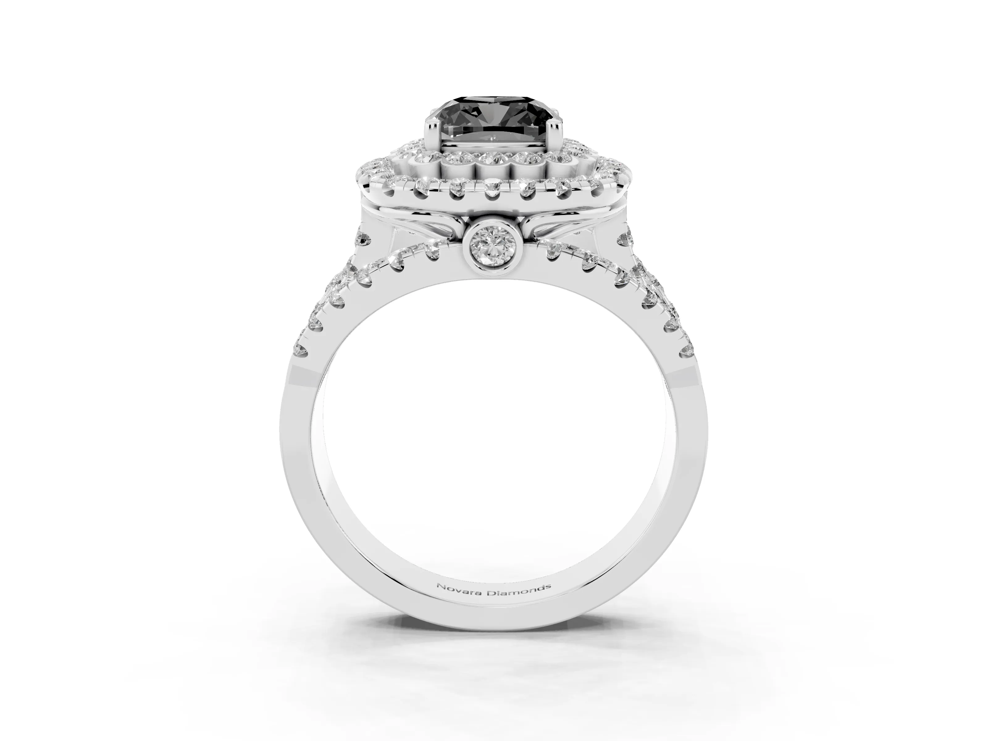 Fancy Black Cushion Cut Diamond Double Halo Ring Set in White gold with Round Pavé Split Shank