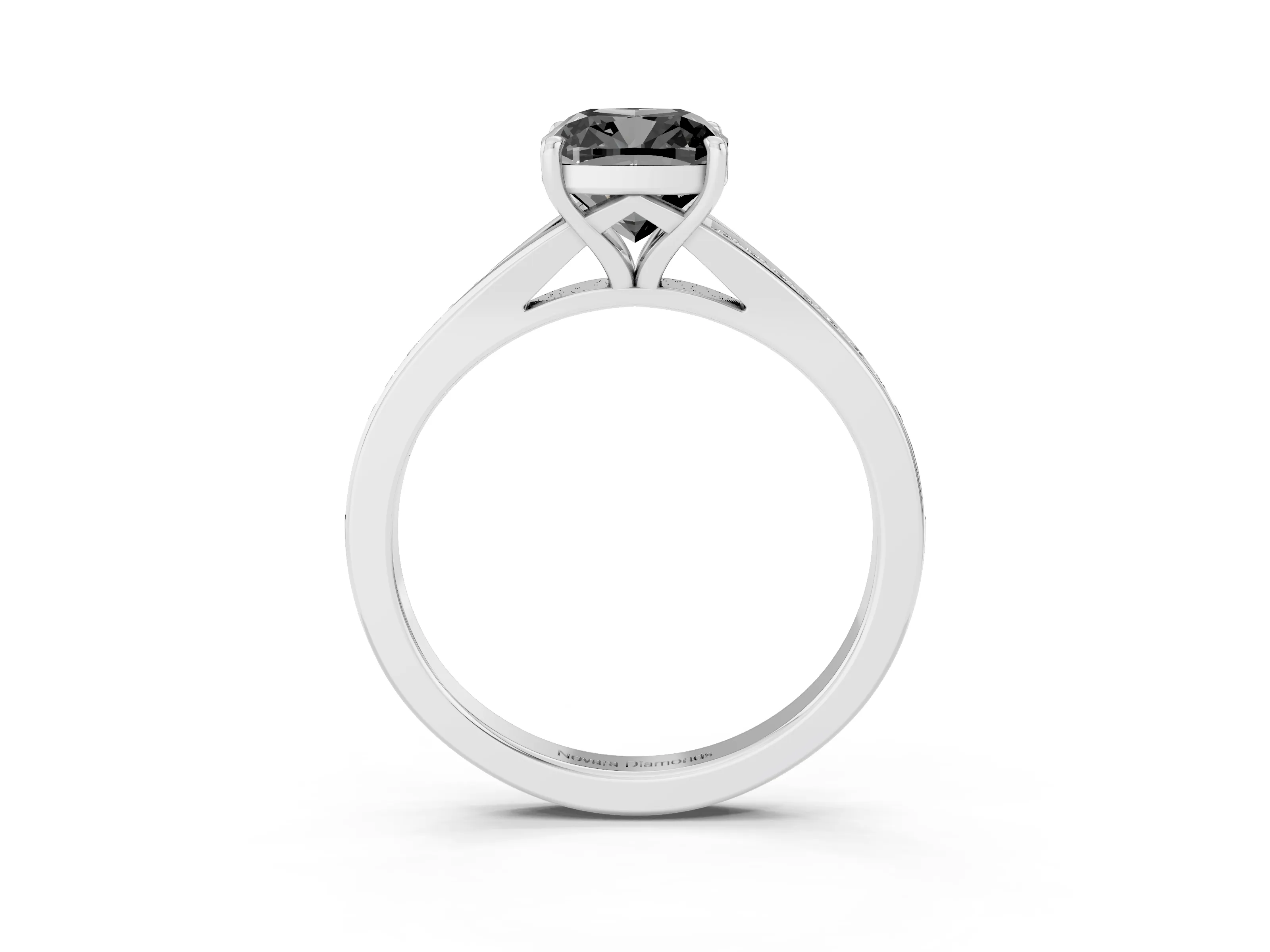 Fancy Black Cushion Cut Diamond Solitaire Ring Set in Platinum with Pavé Accent Band and Classic Prong Setting