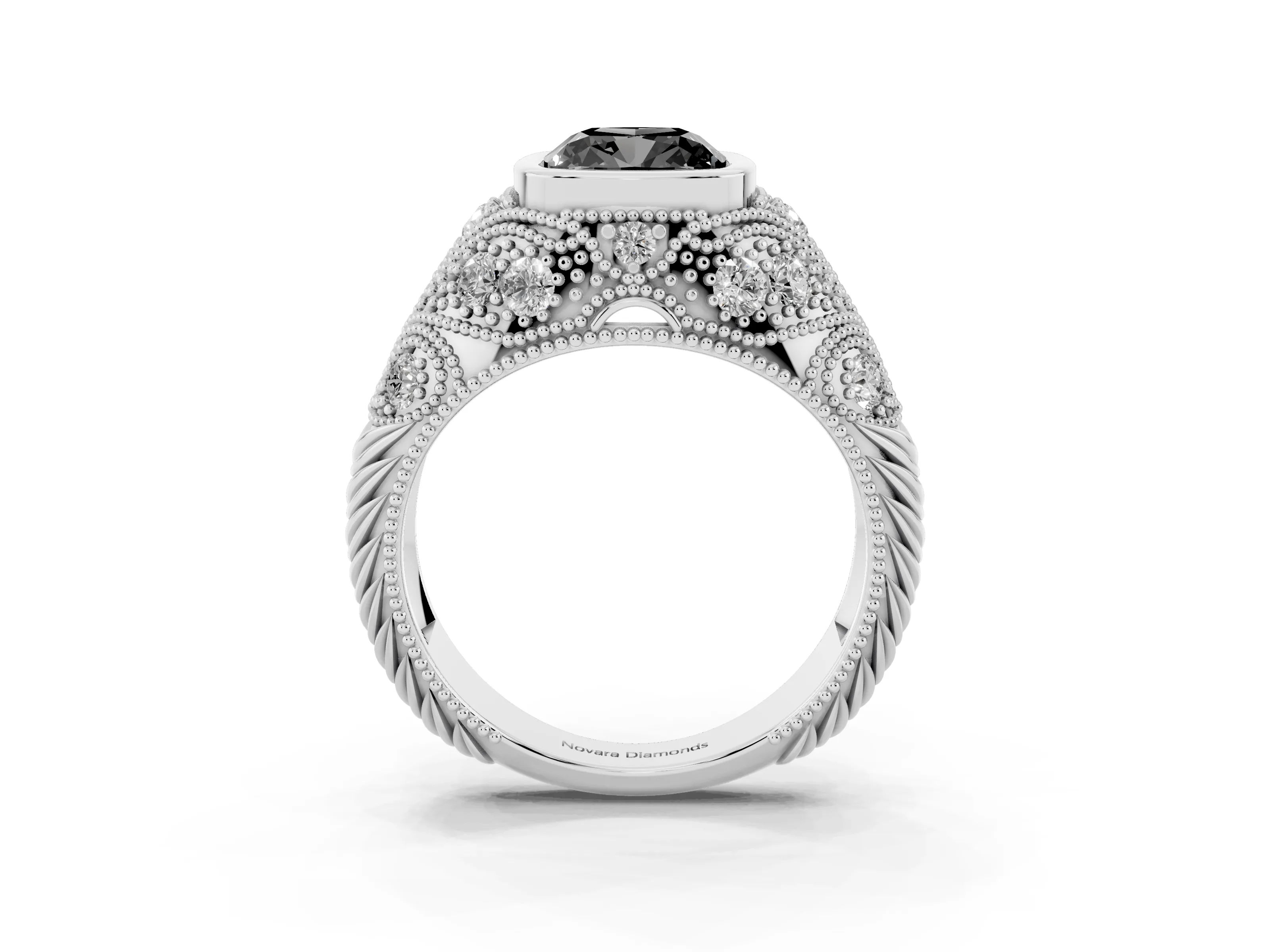 Fancy Black Cushion Cut Diamond Bezel Ring Set in Silver with Milgrain Accent Band