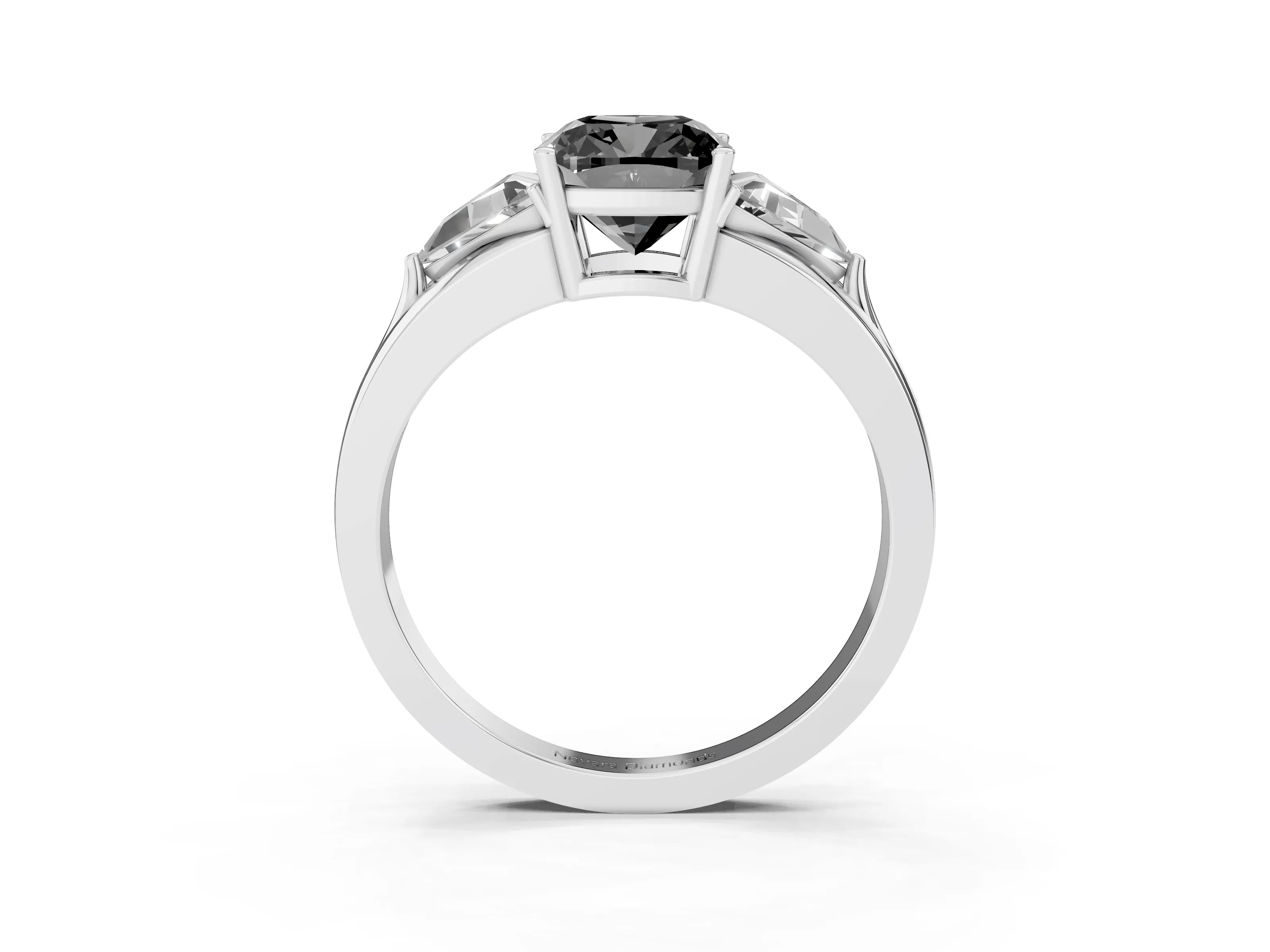 Fancy Black Cushion Cut Diamond Three-Stone Ring Set in Silver with Trillion Side Stones and Split Shank