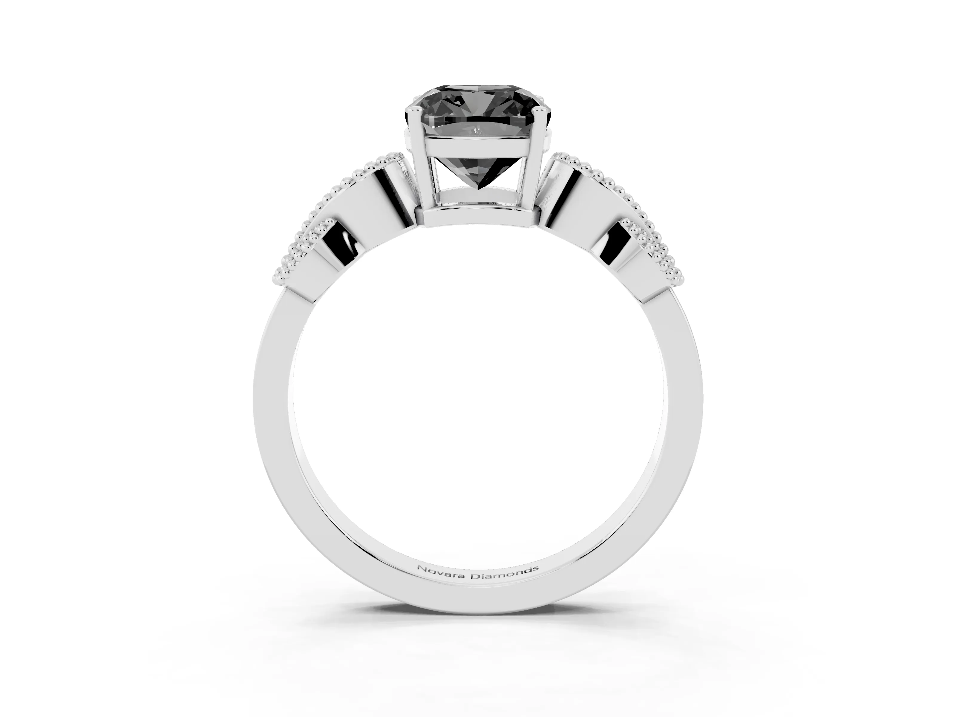 Fancy Black Cushion Cut Diamond Milgrain Leaf Band Solitaire Ring Set in White gold with Accent Stones and Prong Setting