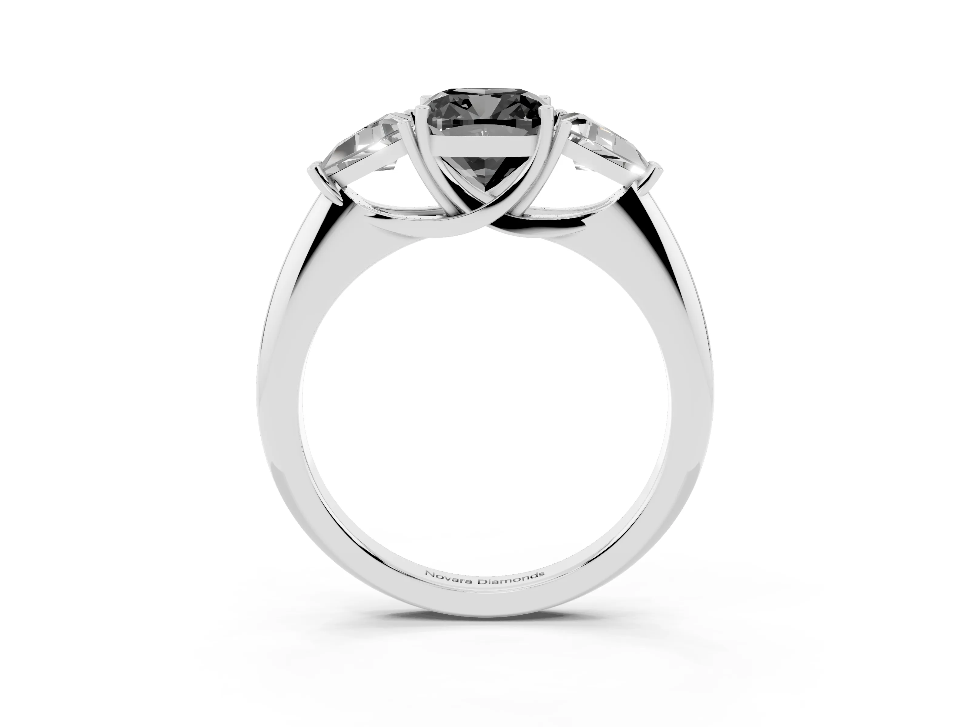 Fancy Black Cushion Cut Diamond Three-Stone Engagement Ring Set in White gold with Trillion Side Stones