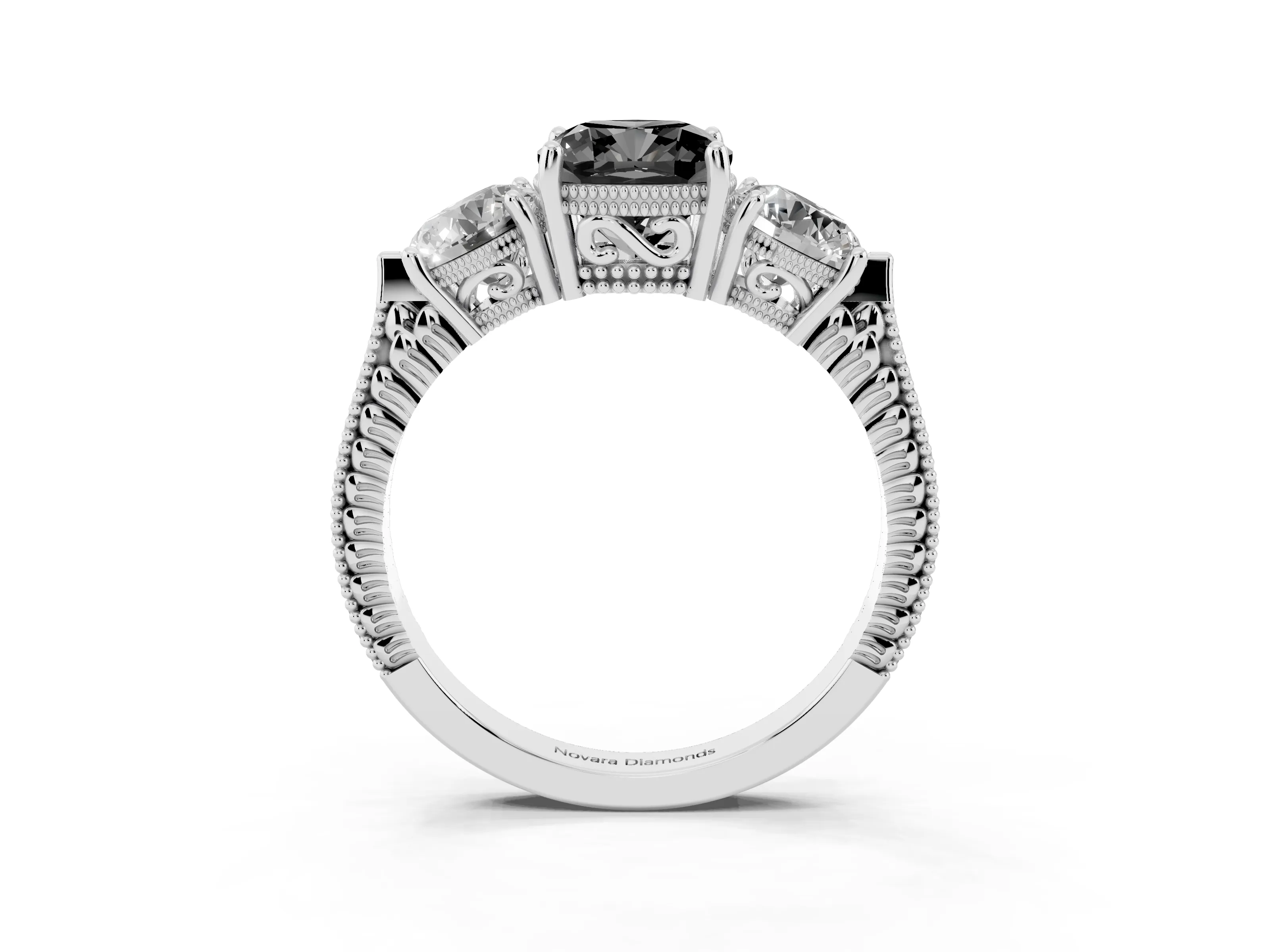 Fancy Black Cushion Cut Diamond Three-Stone Ring Set in White gold with Milgrain Band