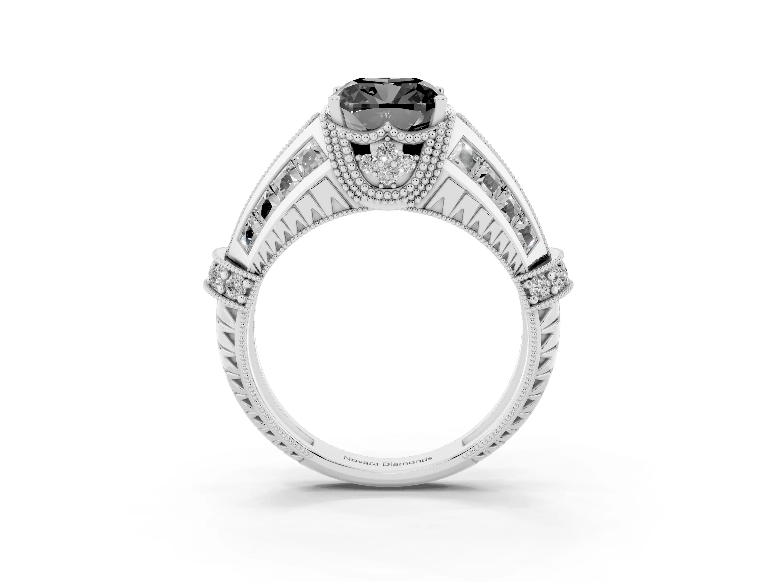 Fancy Black Cushion Cut Diamond Vintage-Inspired Milgrain Ring Set in Silver with Accent Split Shank