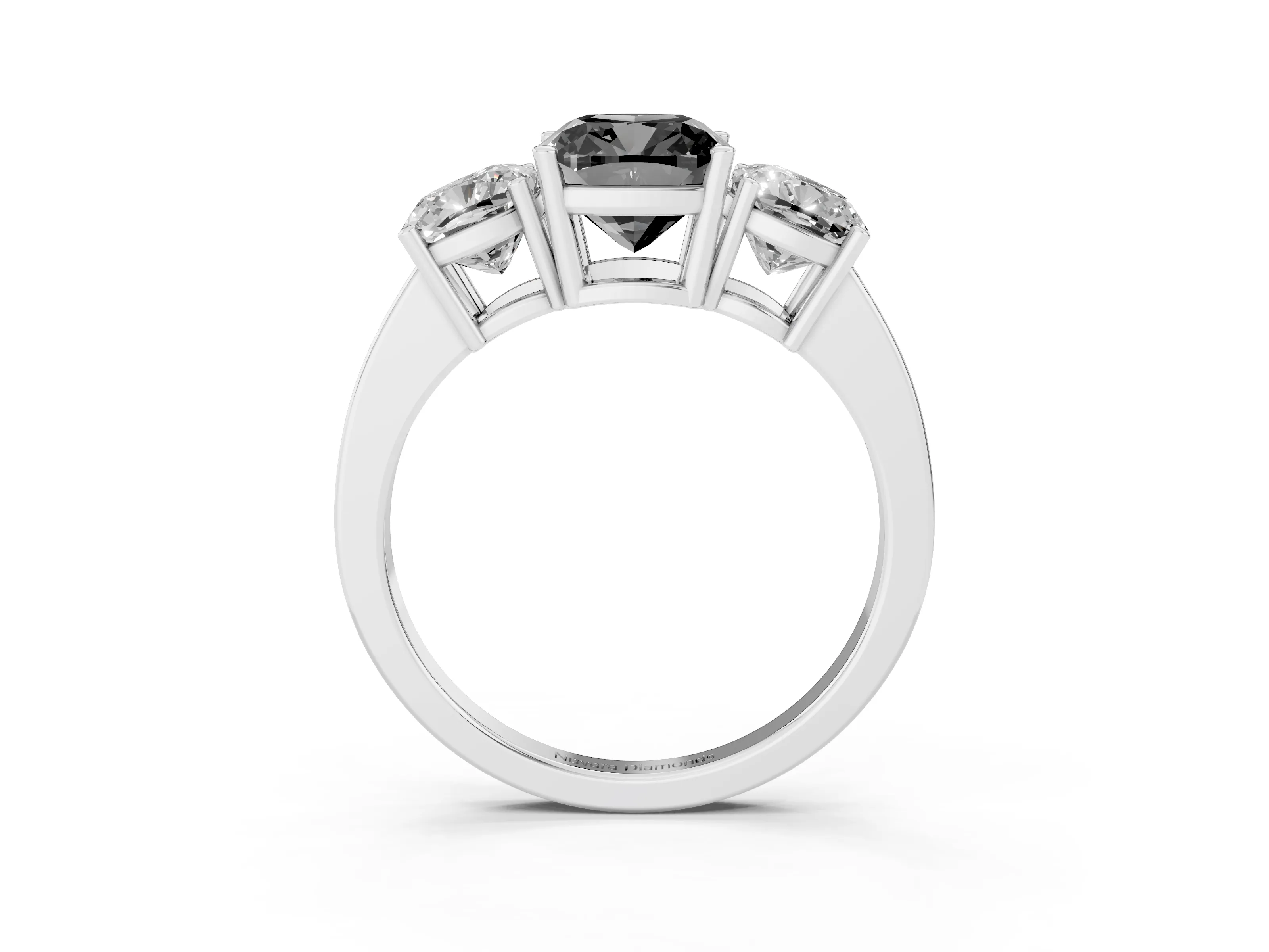 Fancy Black Cushion Cut Diamond Three-Stone Engagement Ring Set in White gold with Flat Band