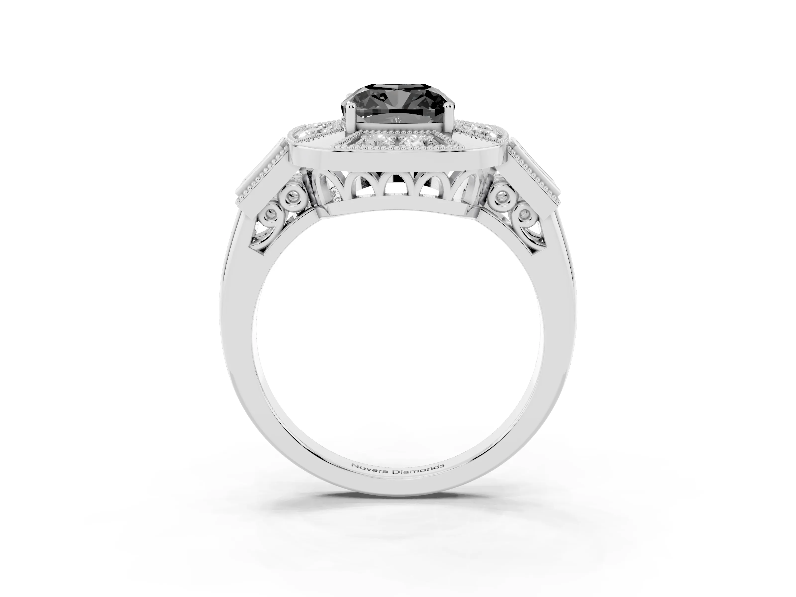 Fancy Black Cushion Cut Diamond Milgrain Halo Ring Set in Silver with Split Shank
