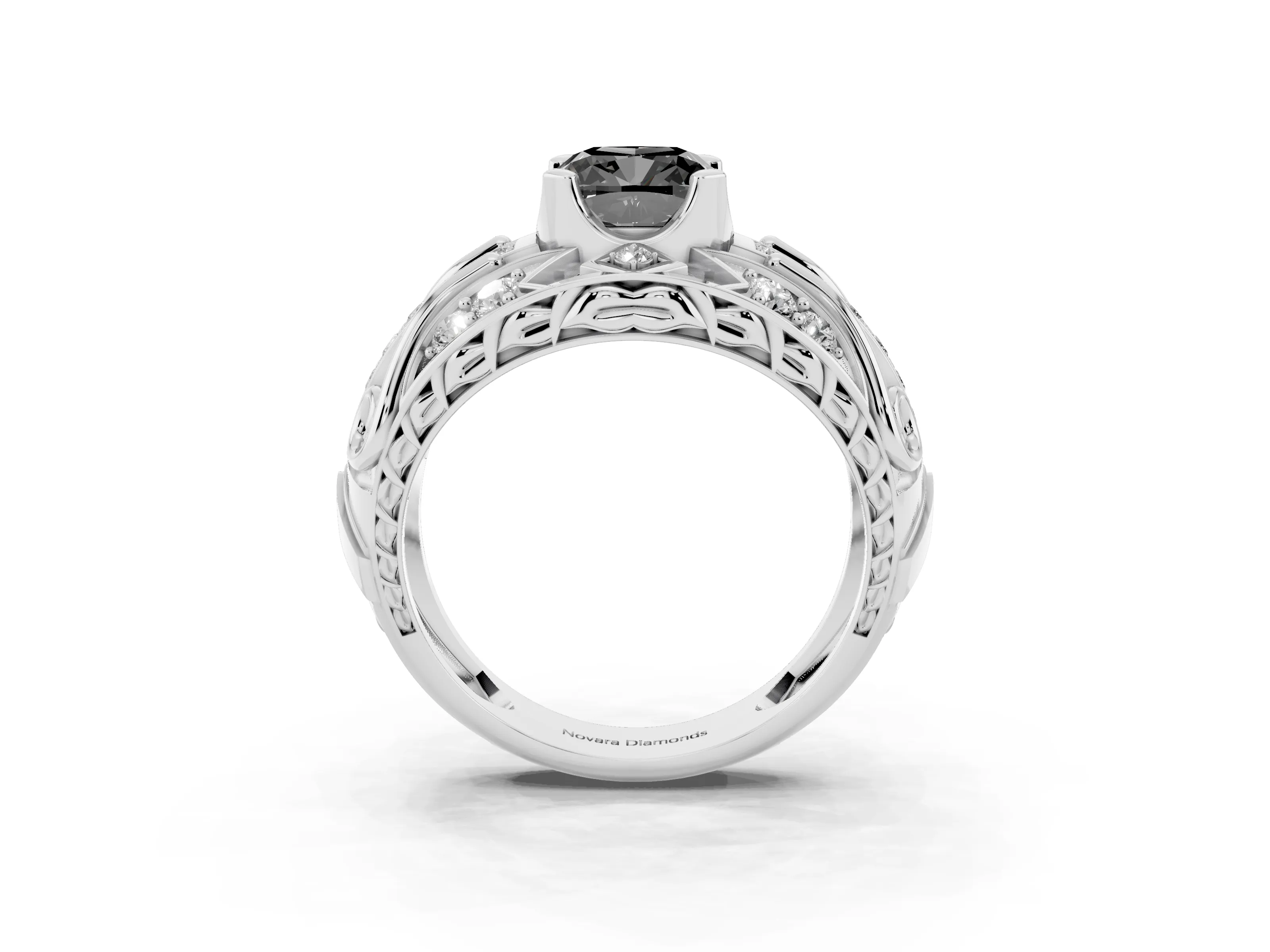 Fancy Black Cushion Cut Diamond Art Deco Ring Set in Silver with Pavé Split Shank