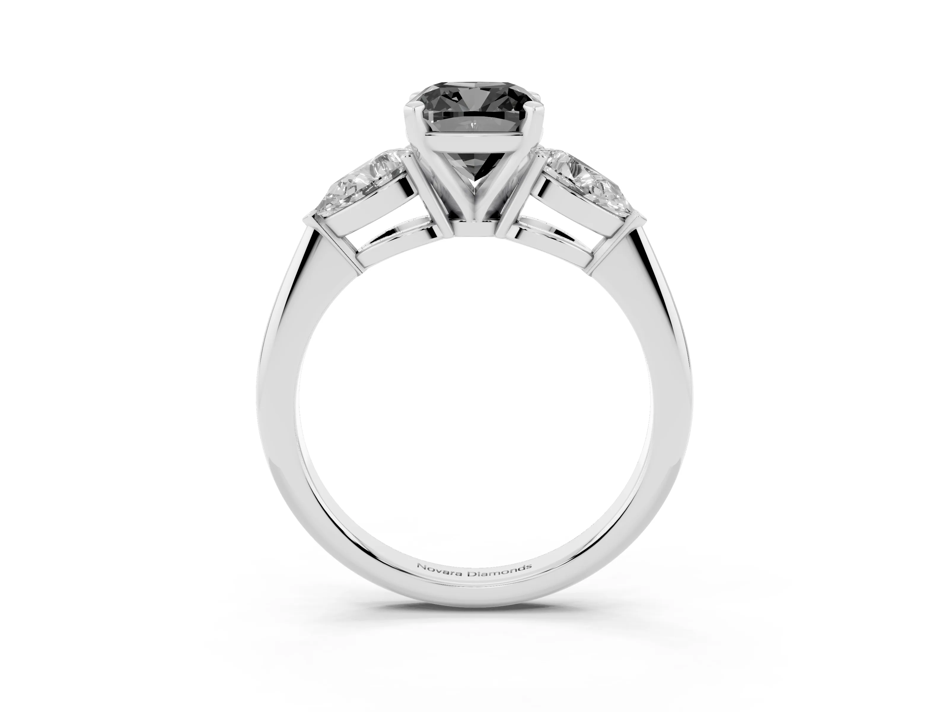 Fancy Black Three-Stone Cushion Cut Diamond Ring Set in Silver with Pear Side Stones and Prong Setting