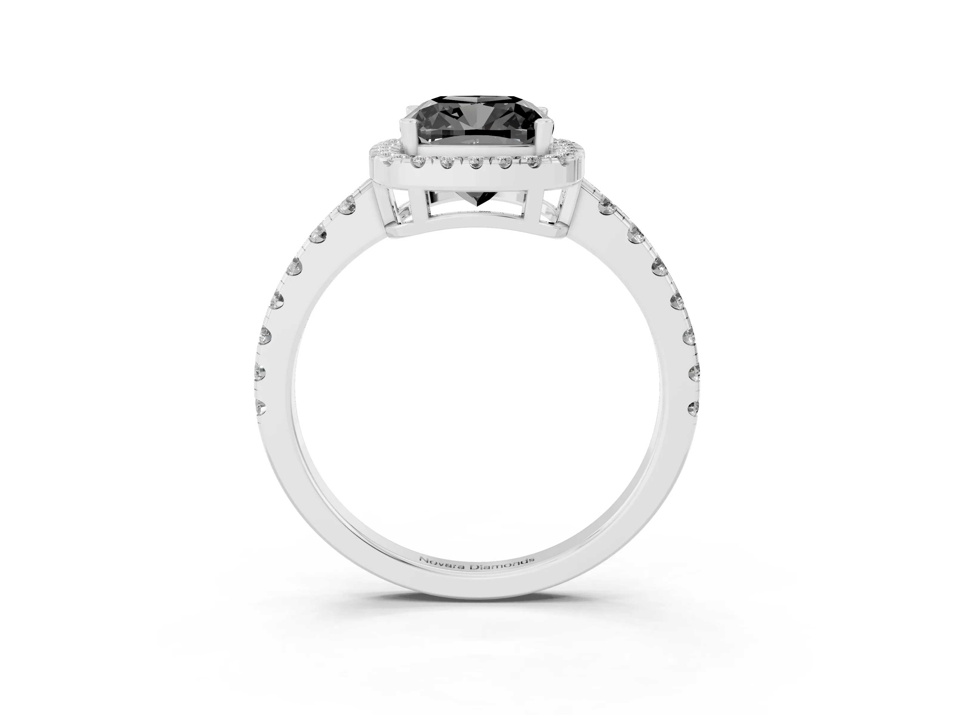 Fancy Black Cushion Cut Diamond Halo Ring Set in Silver with Delicate Pavé Band and Prong Setting