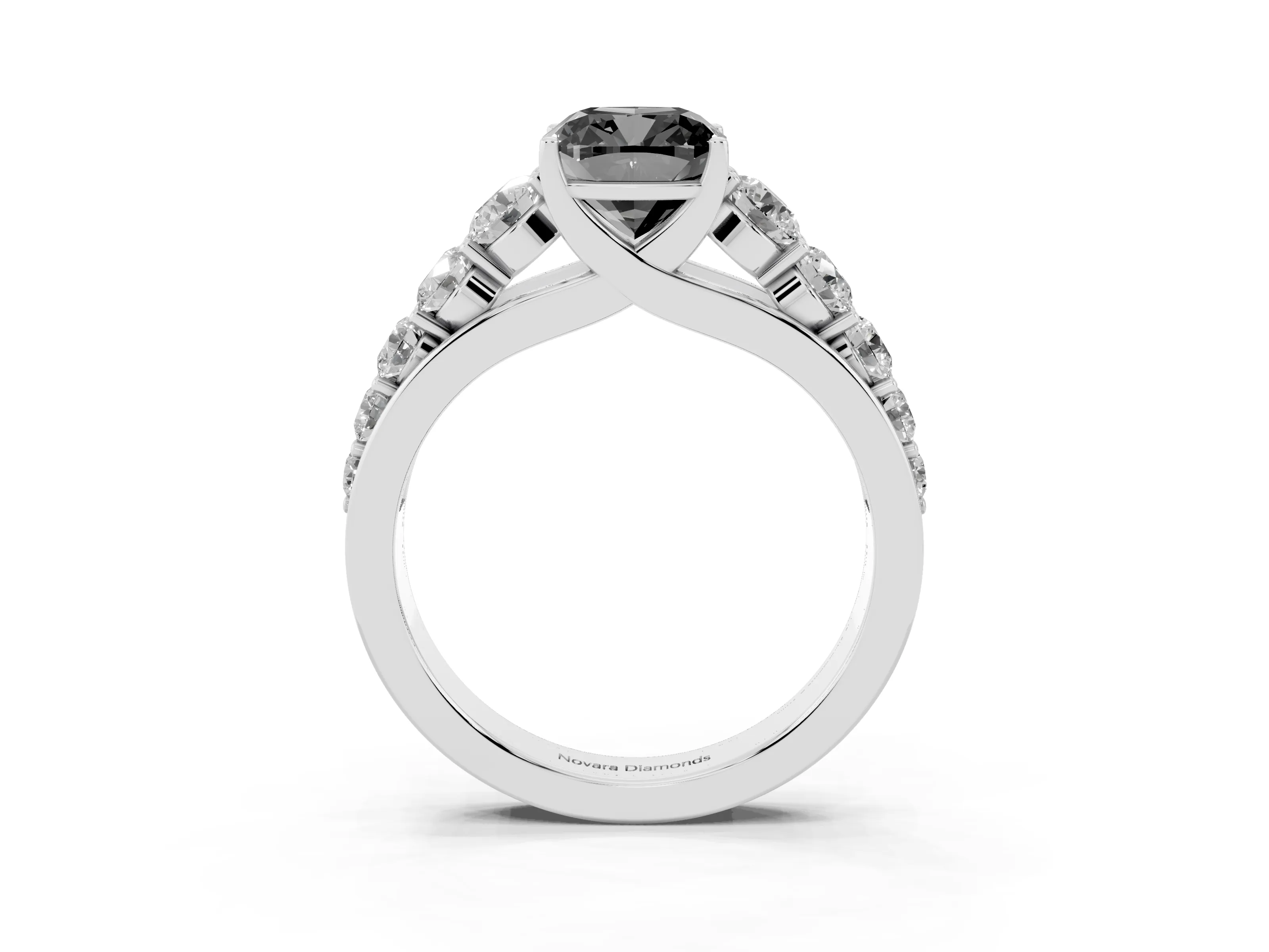 Fancy Black Cushion Cut Diamond Solitaire Ring Set in Silver with Pavé-Set Band and Prong Setting