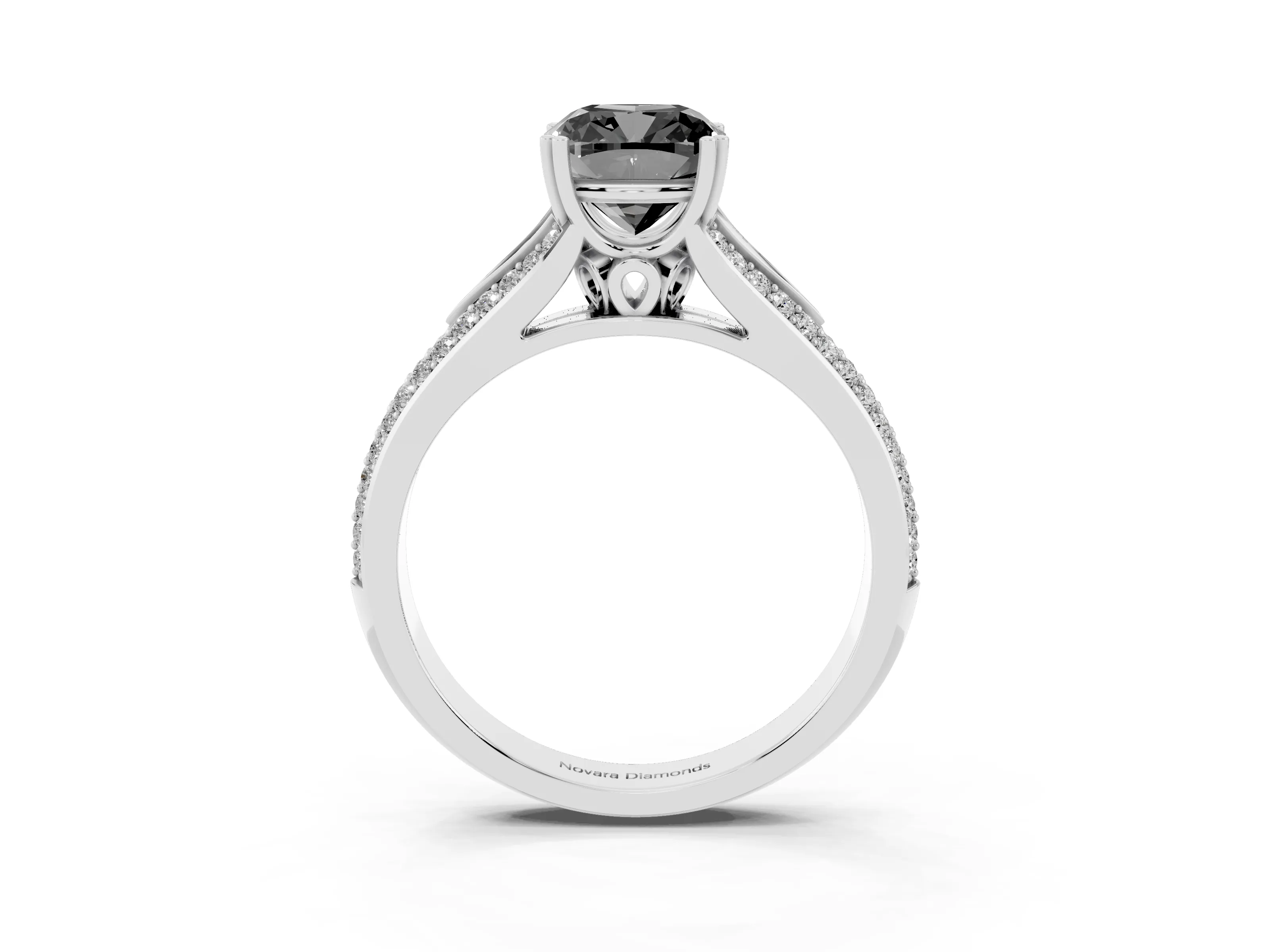 Fancy Black Cushion Cut Diamond Split Shank Pavé Engagement Ring Set in Platinum with Prong-Set Center Stone