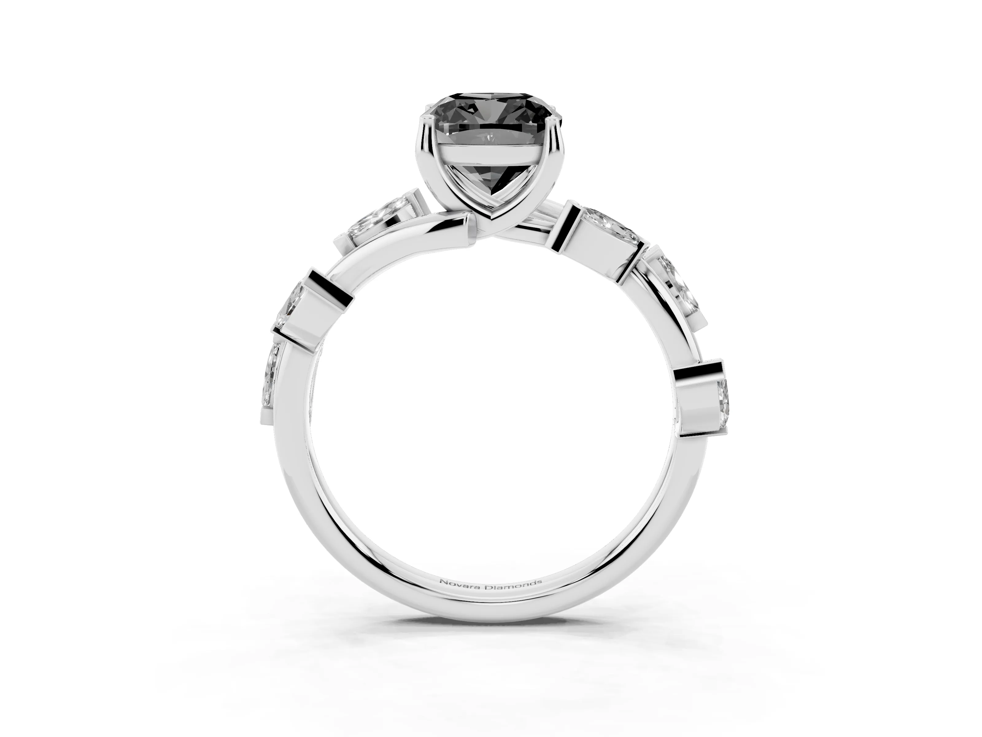 Fancy Black Cushion Cut Diamond Solitaire Ring Set in White gold with Twisted Marquise Accent Band