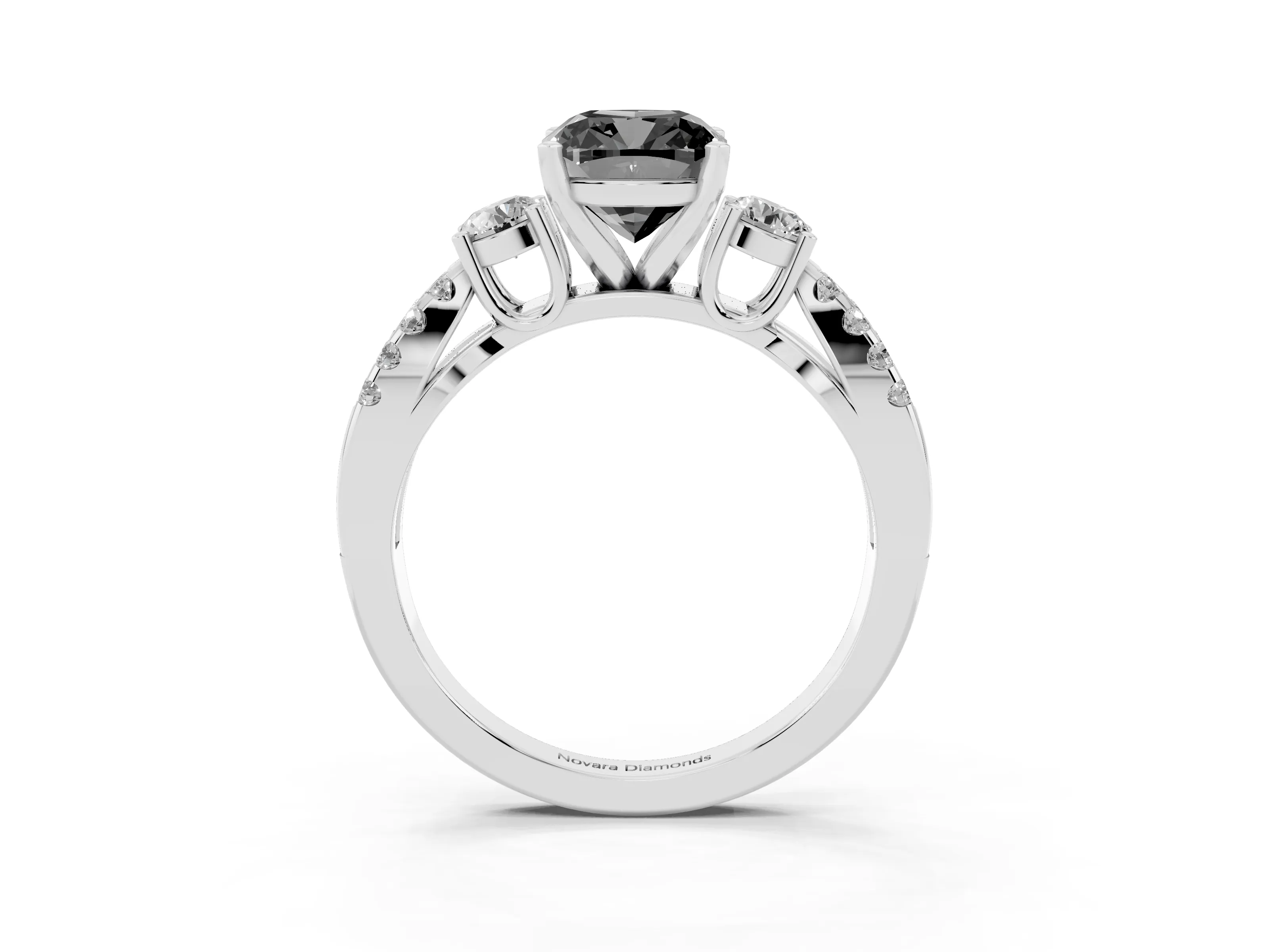 Fancy Black Cushion Cut Diamond Three-Stone Ring Set in Silver with Pavé Split Shank and Prong Setting