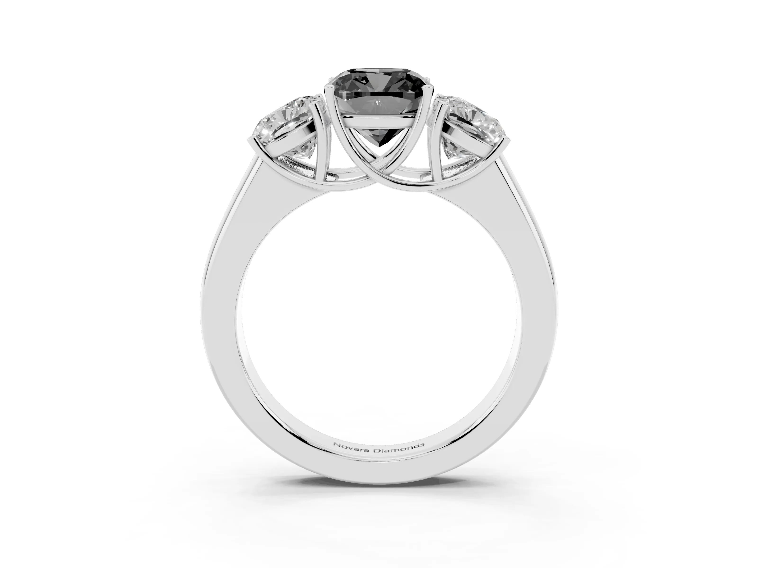Fancy Black Three-Stone Cushion Cut Diamond Ring Set in Silver with Matching Prong Settings and Plain Band