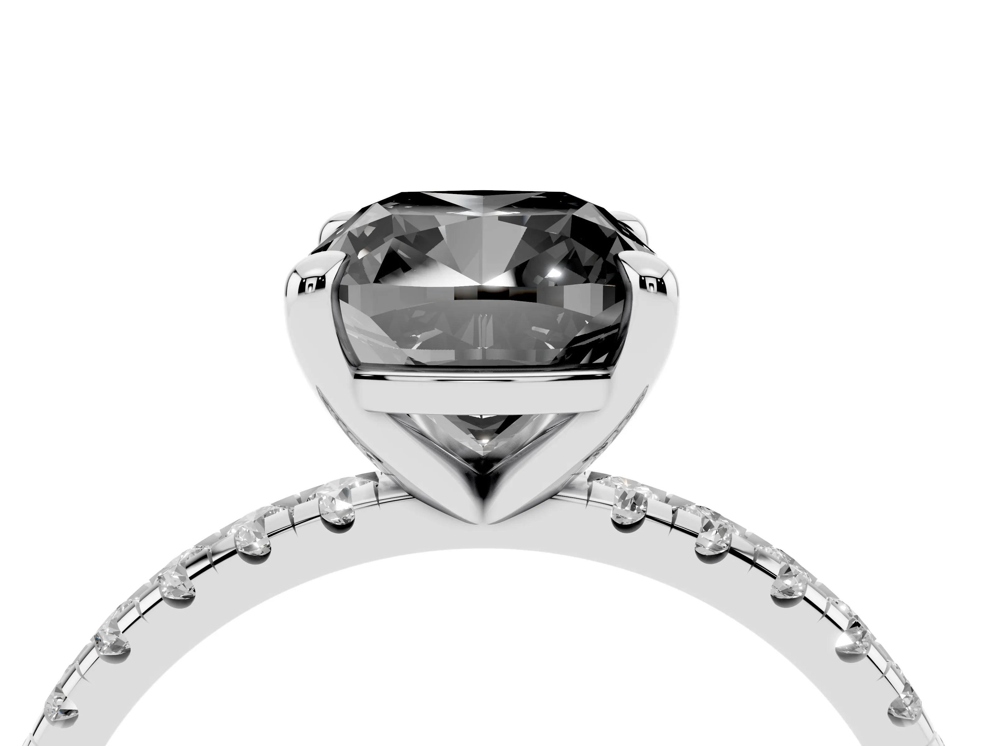 Fancy Black Cushion Cut Diamond Brilliant Solitaire Ring Set in Platinum with Pavé Band and Prong Setting