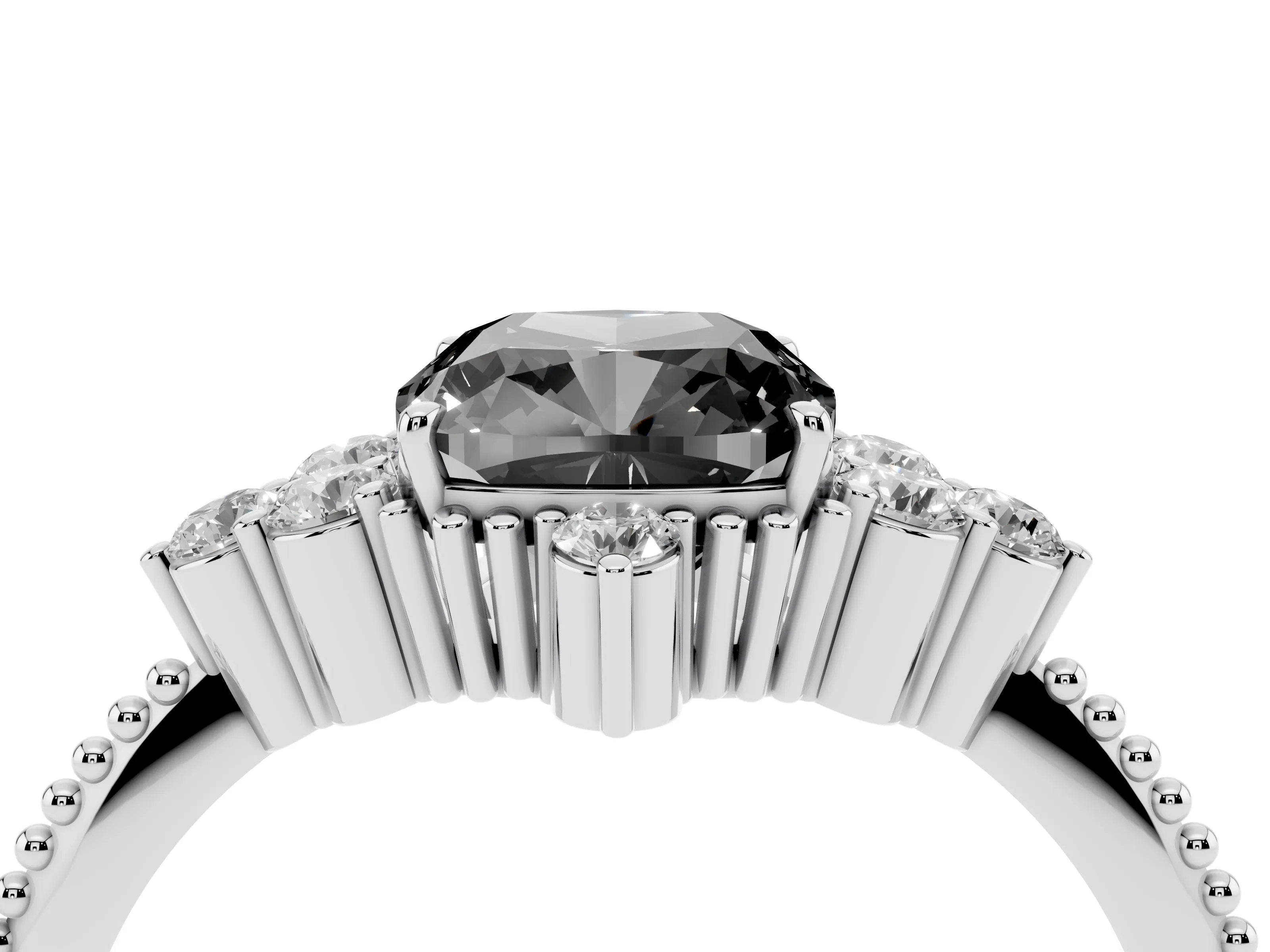Fancy Black Cushion Cut Diamond Cluster Ring Set in White gold with Beaded Band