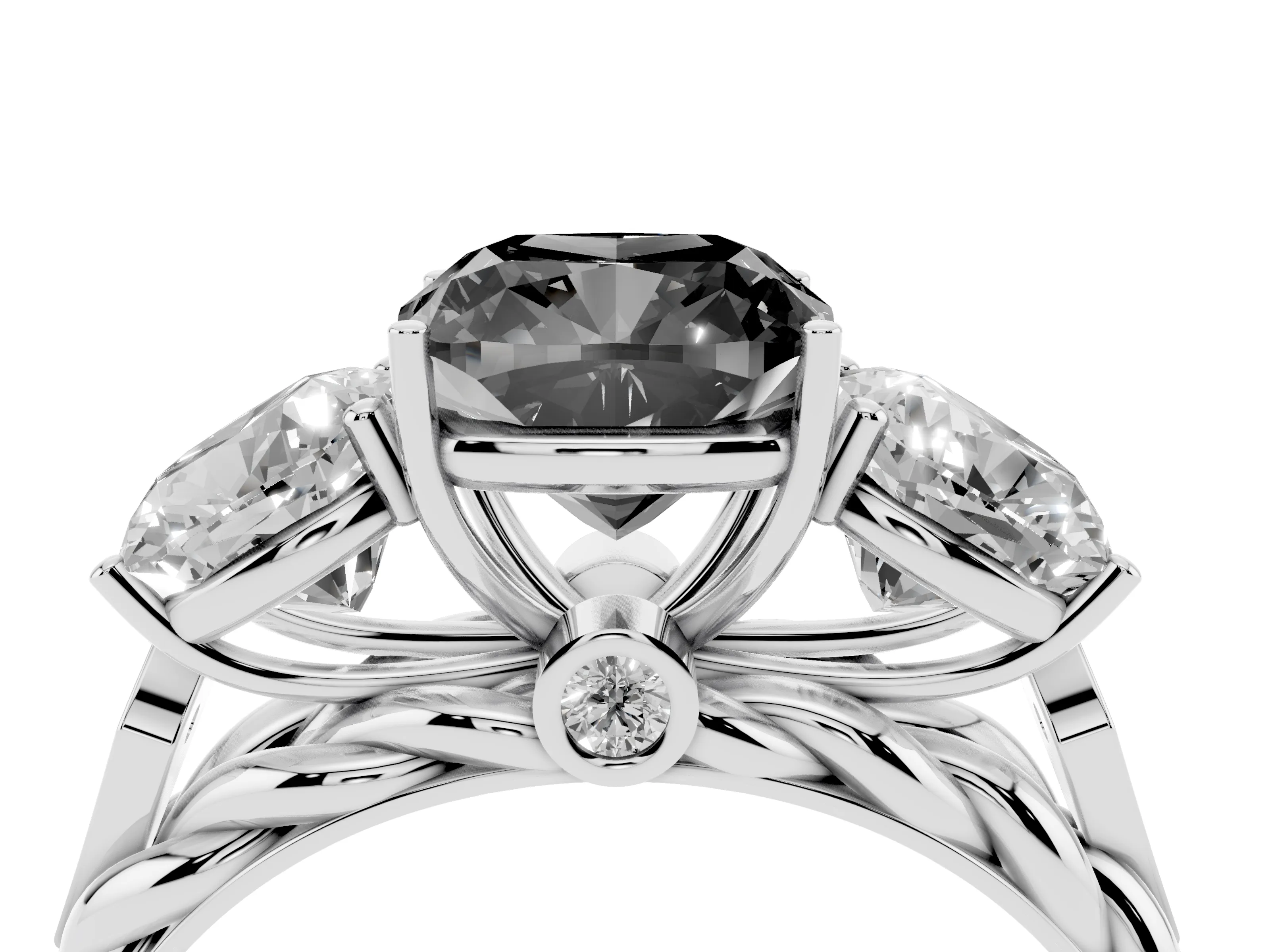 Fancy Black Cushion Cut Diamond Three-Stone Ring Set in Silver with Braided Band