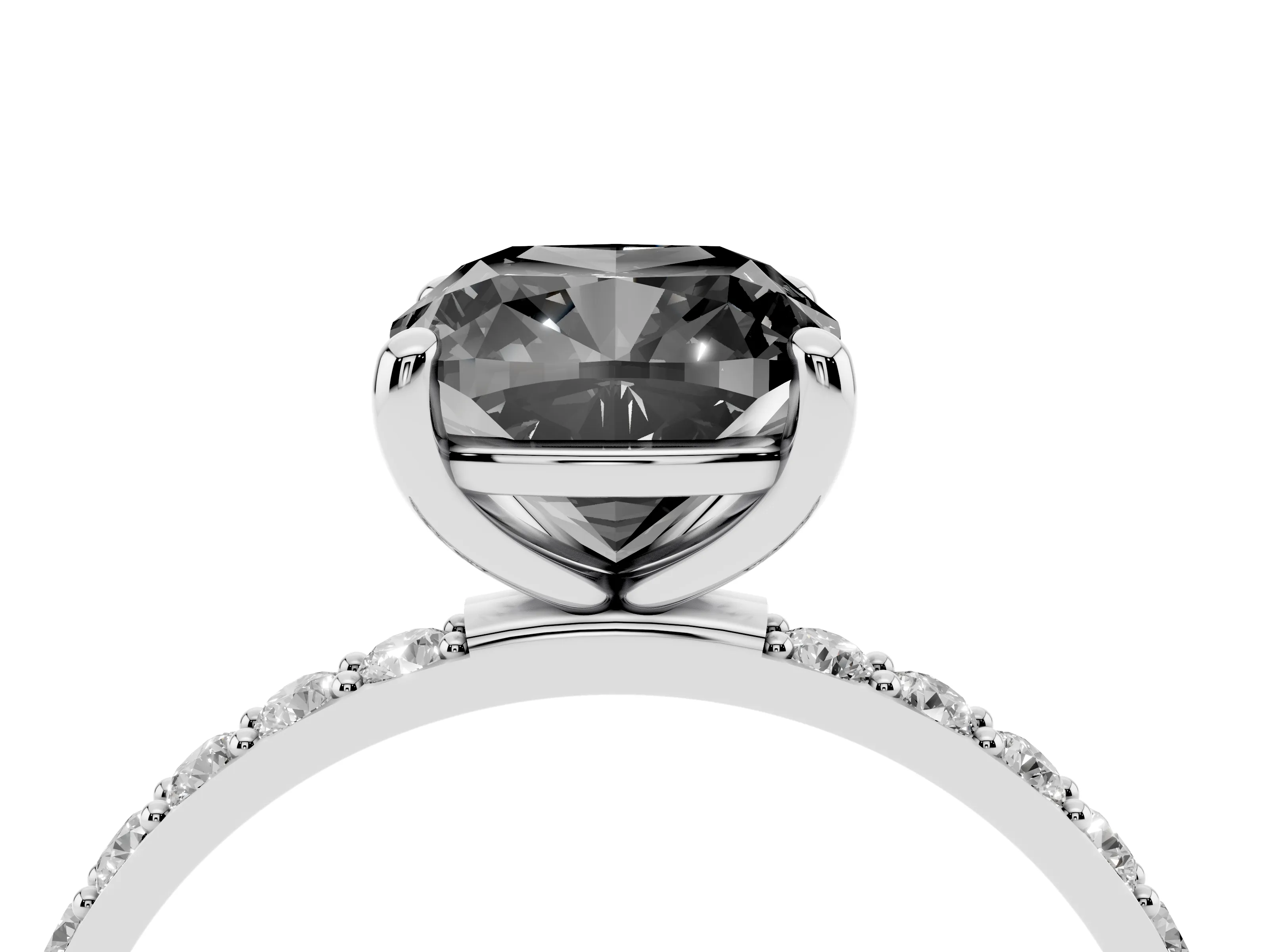 Fancy Black Cushion Cut Diamond Solitaire Ring Set in Platinum with Round Pavé Band and Prong Setting