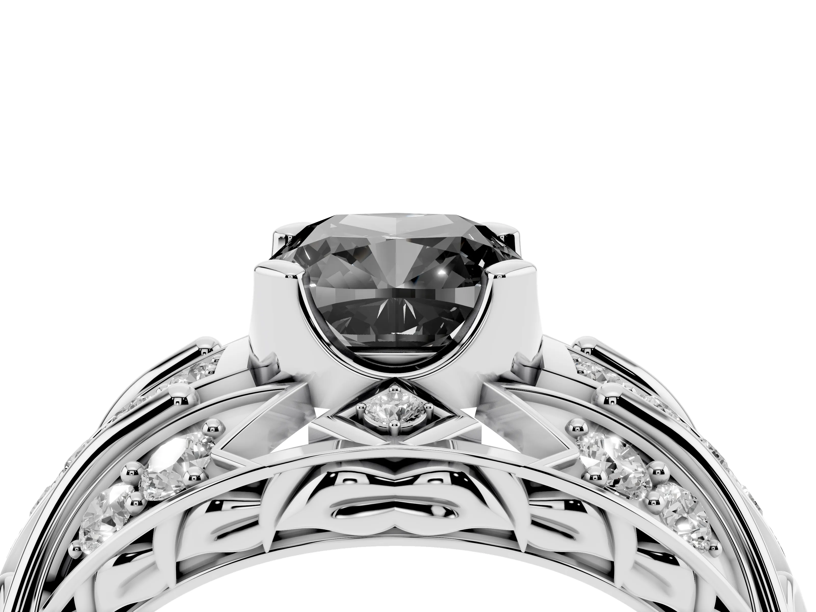Fancy Black Cushion Cut Diamond Art Deco Ring Set in Silver with Pavé Split Shank