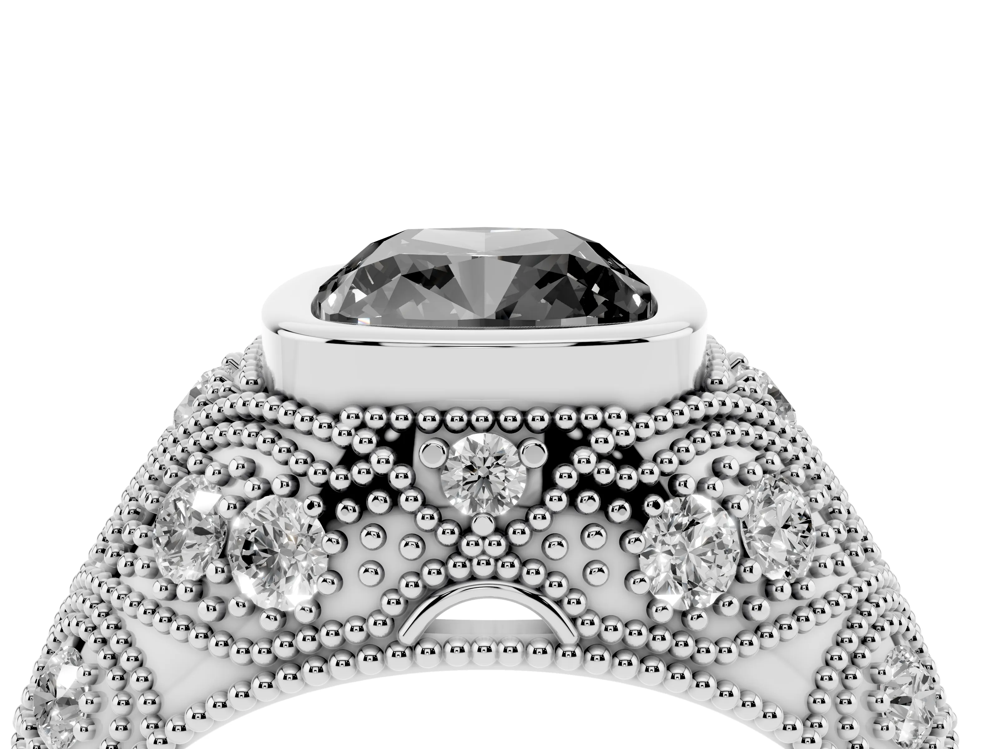 Fancy Black Cushion Cut Diamond Bezel Ring Set in Silver with Milgrain Accent Band