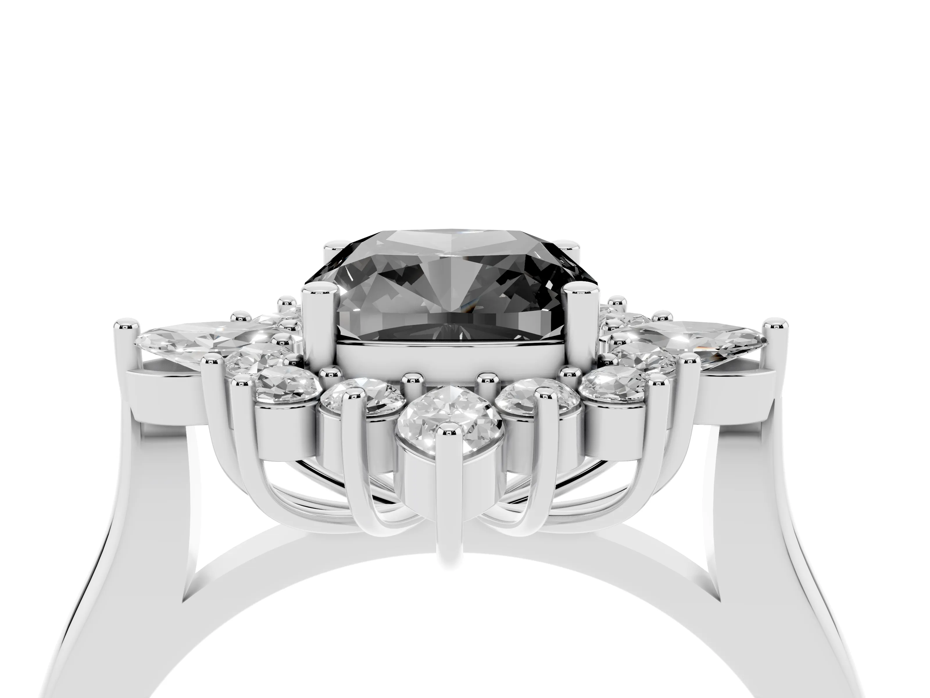Fancy Black Cushion Cut Diamond Cluster Halo Ring Set in Platinum with Marquise and Round Accents