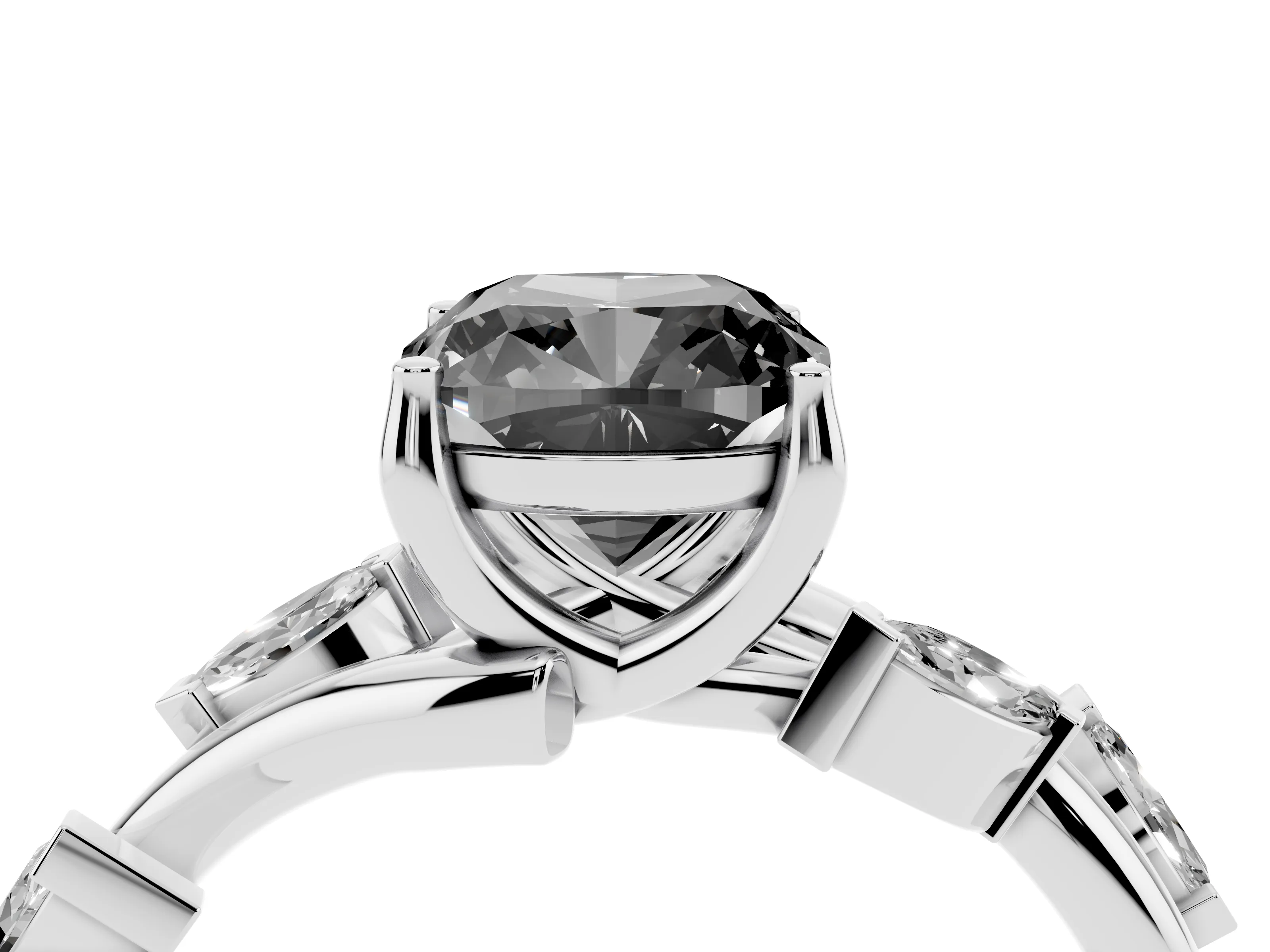 Fancy Black Cushion Cut Diamond Solitaire Ring Set in White gold with Twisted Marquise Accent Band