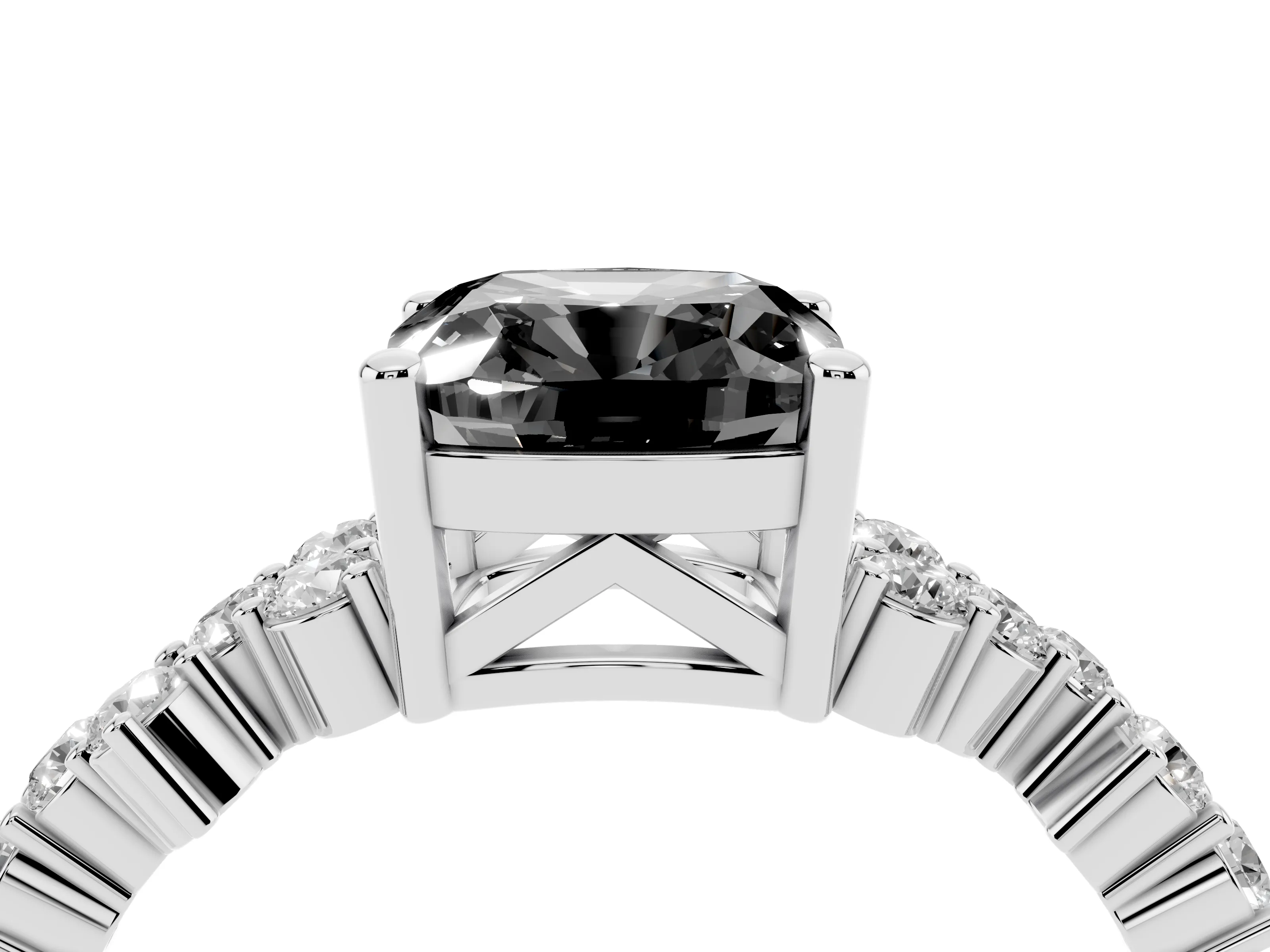 Fancy Black Cushion Cut Diamond Ring Set in Silver with Scattered Round Accents