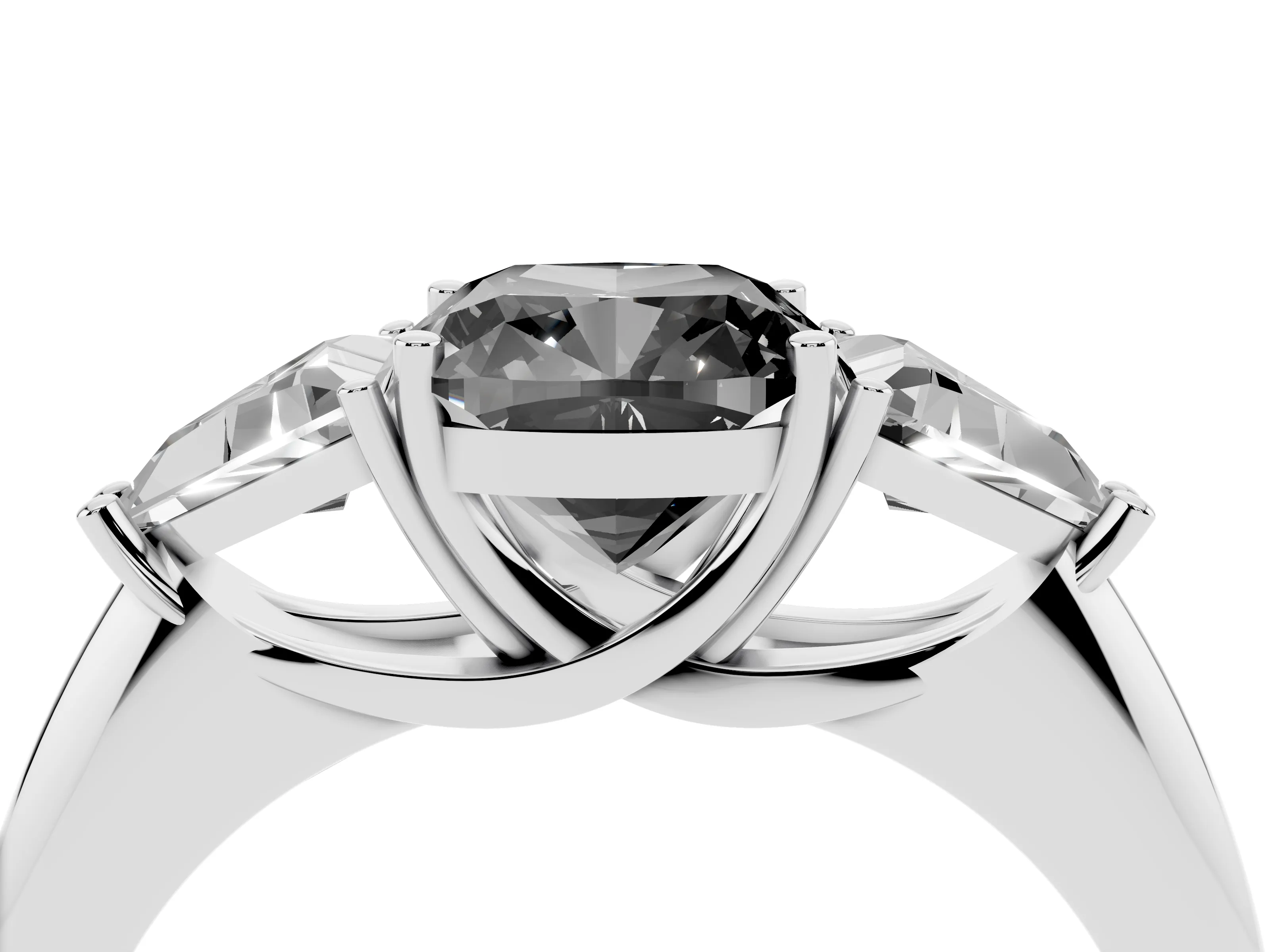 Fancy Black Cushion Cut Diamond Three-Stone Engagement Ring Set in White gold with Trillion Side Stones