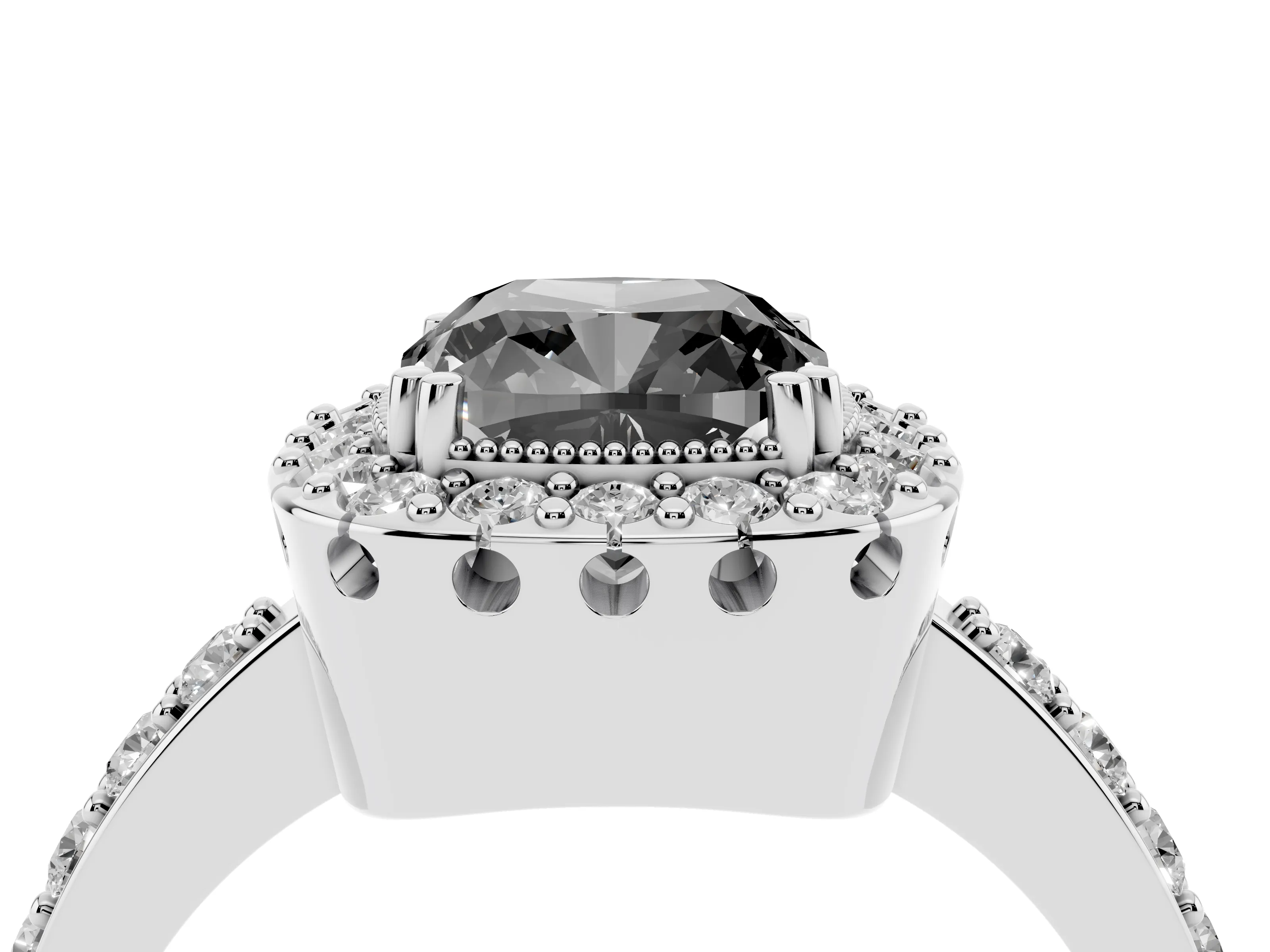 Fancy Black Cushion Cut Diamond Halo Ring Set in White gold with Pavé Shank and Prong Setting