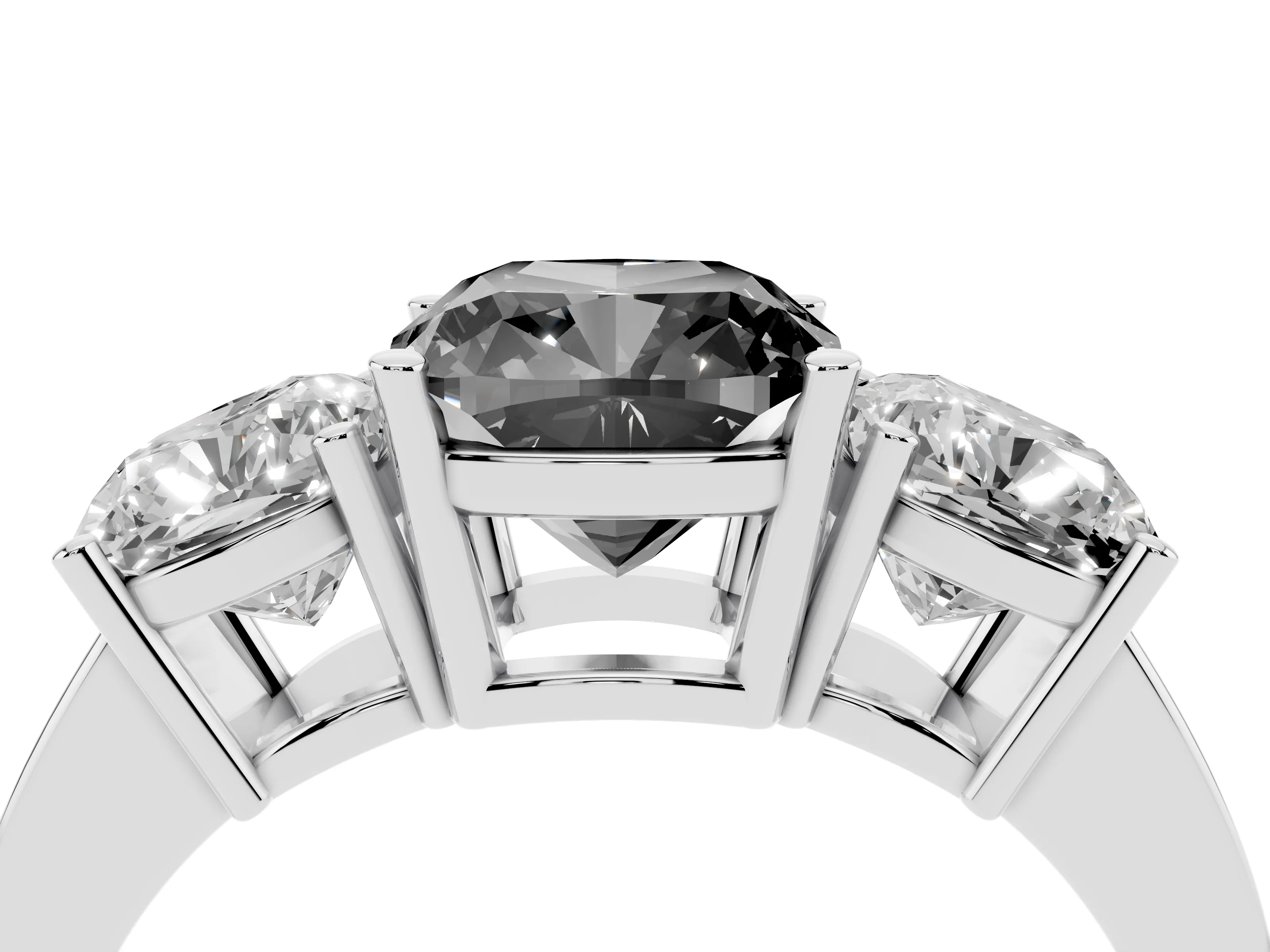 Fancy Black Cushion Cut Diamond Three-Stone Engagement Ring Set in White gold with Flat Band