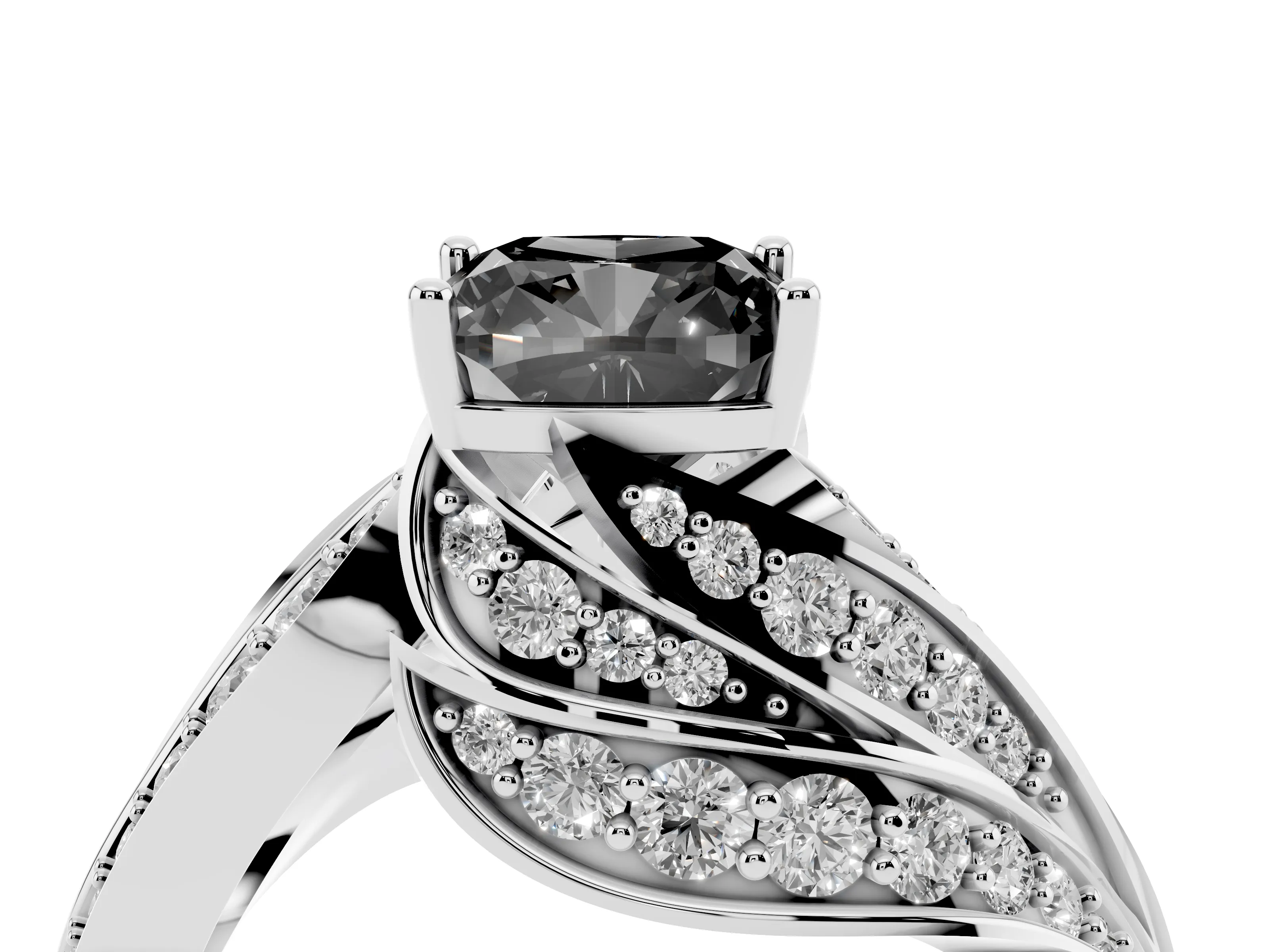Fancy Black Cushion Cut Diamond Solitaire Ring Set in Platinum with Layered Twist Pavé Band