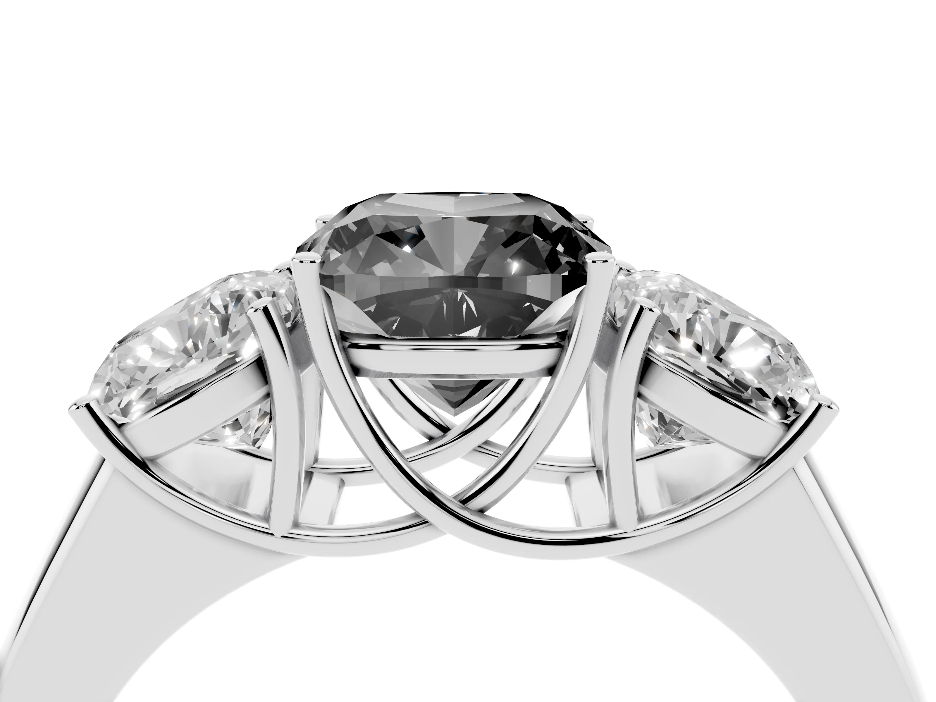Fancy Black Three-Stone Cushion Cut Diamond Ring Set in Silver with Matching Prong Settings and Plain Band