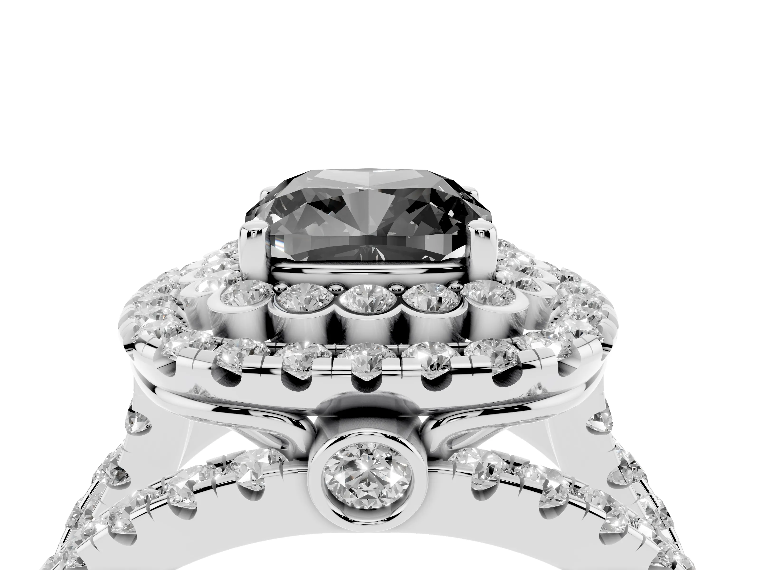 Fancy Black Cushion Cut Diamond Double Halo Ring Set in White gold with Round Pavé Split Shank