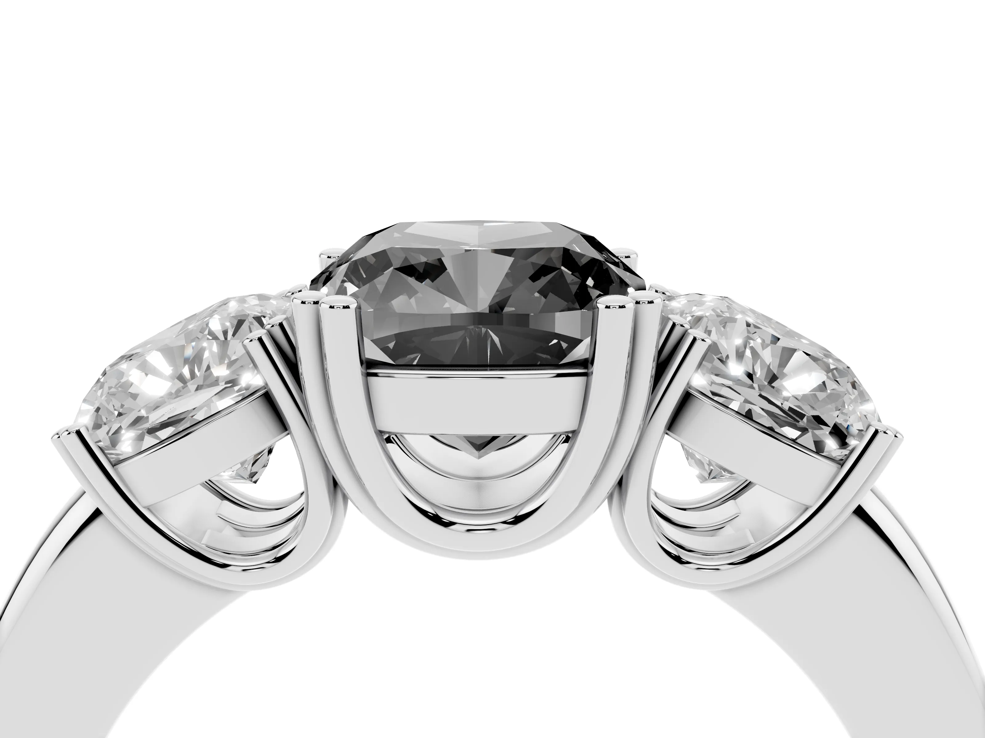 Fancy Black Cushion Cut Diamond Three-Stone Ring Set in Silver with Polished Band and Prong Setting