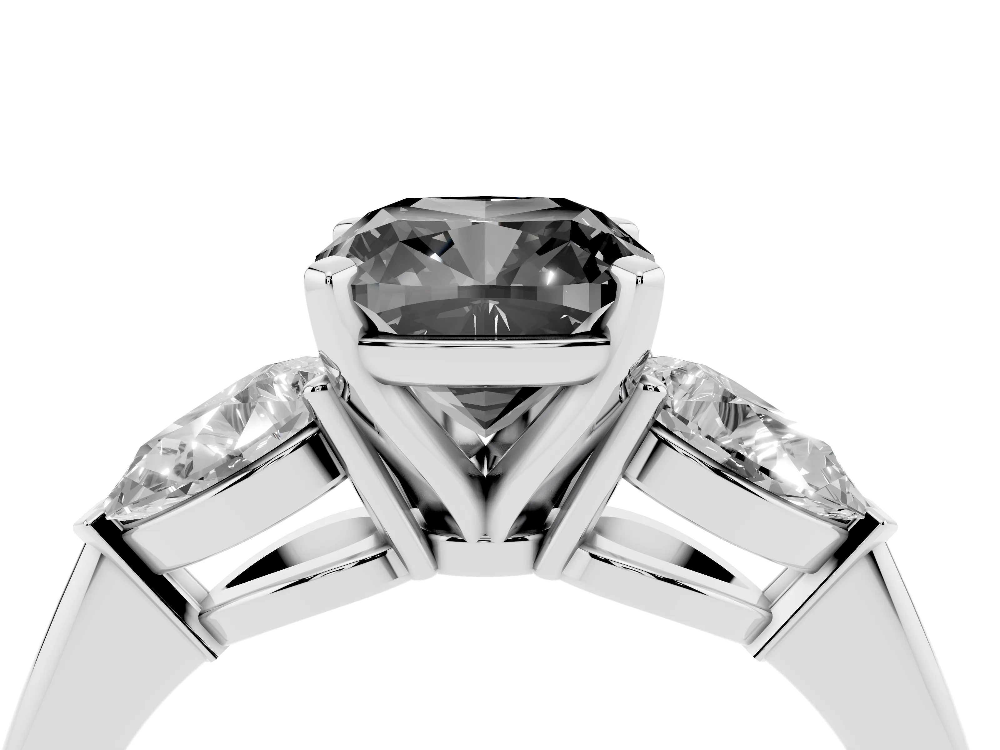 Fancy Black Three-Stone Cushion Cut Diamond Ring Set in Silver with Pear Side Stones and Prong Setting