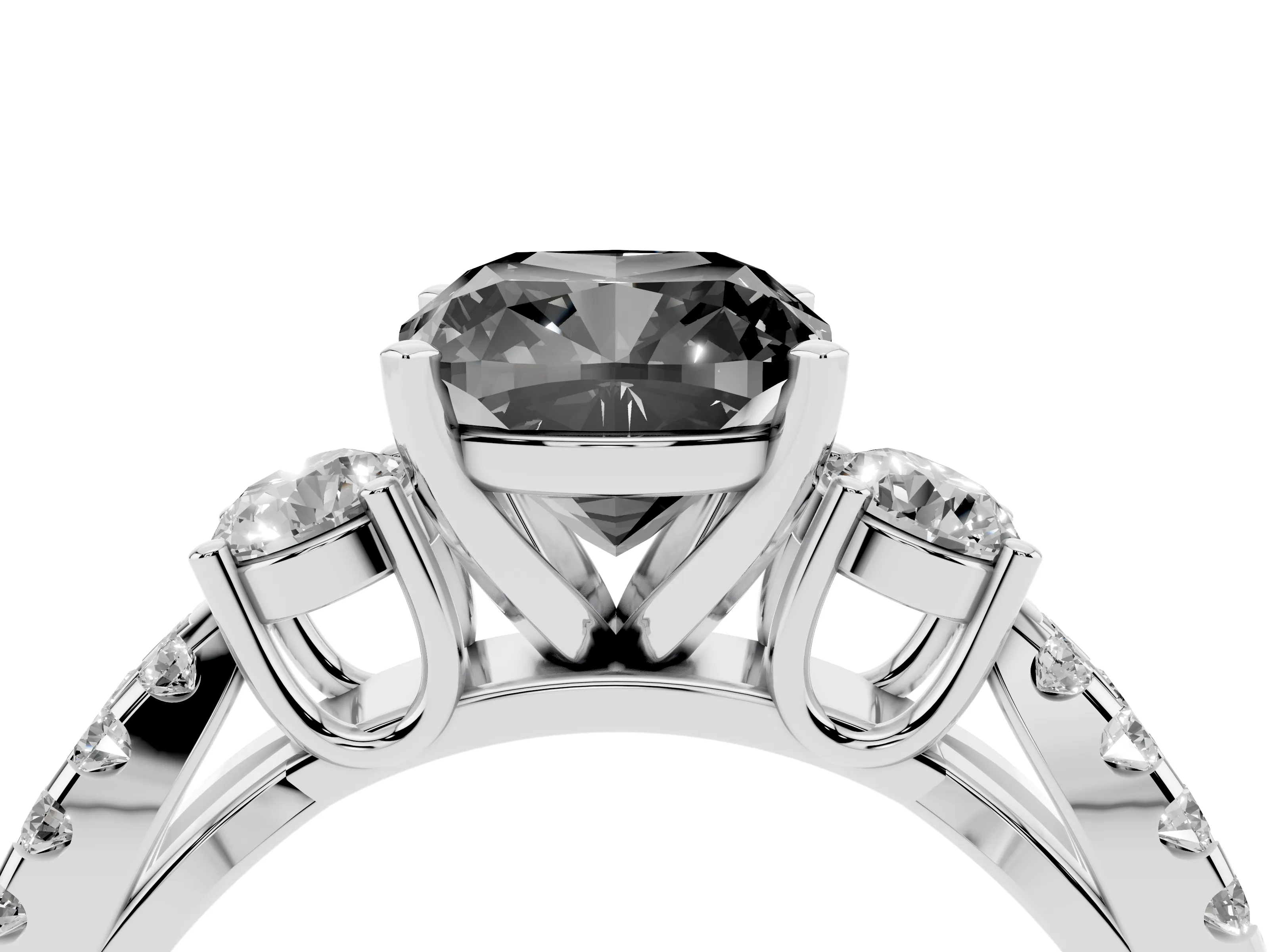 Fancy Black Cushion Cut Diamond Three-Stone Ring Set in Silver with Pavé Split Shank and Prong Setting