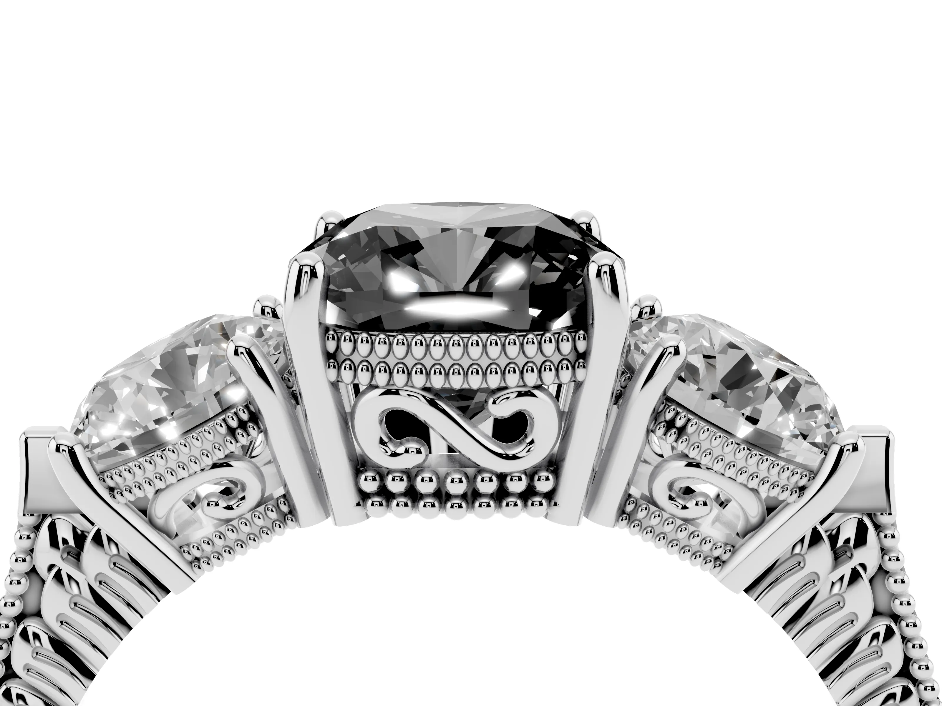 Fancy Black Cushion Cut Diamond Three-Stone Ring Set in White gold with Milgrain Band
