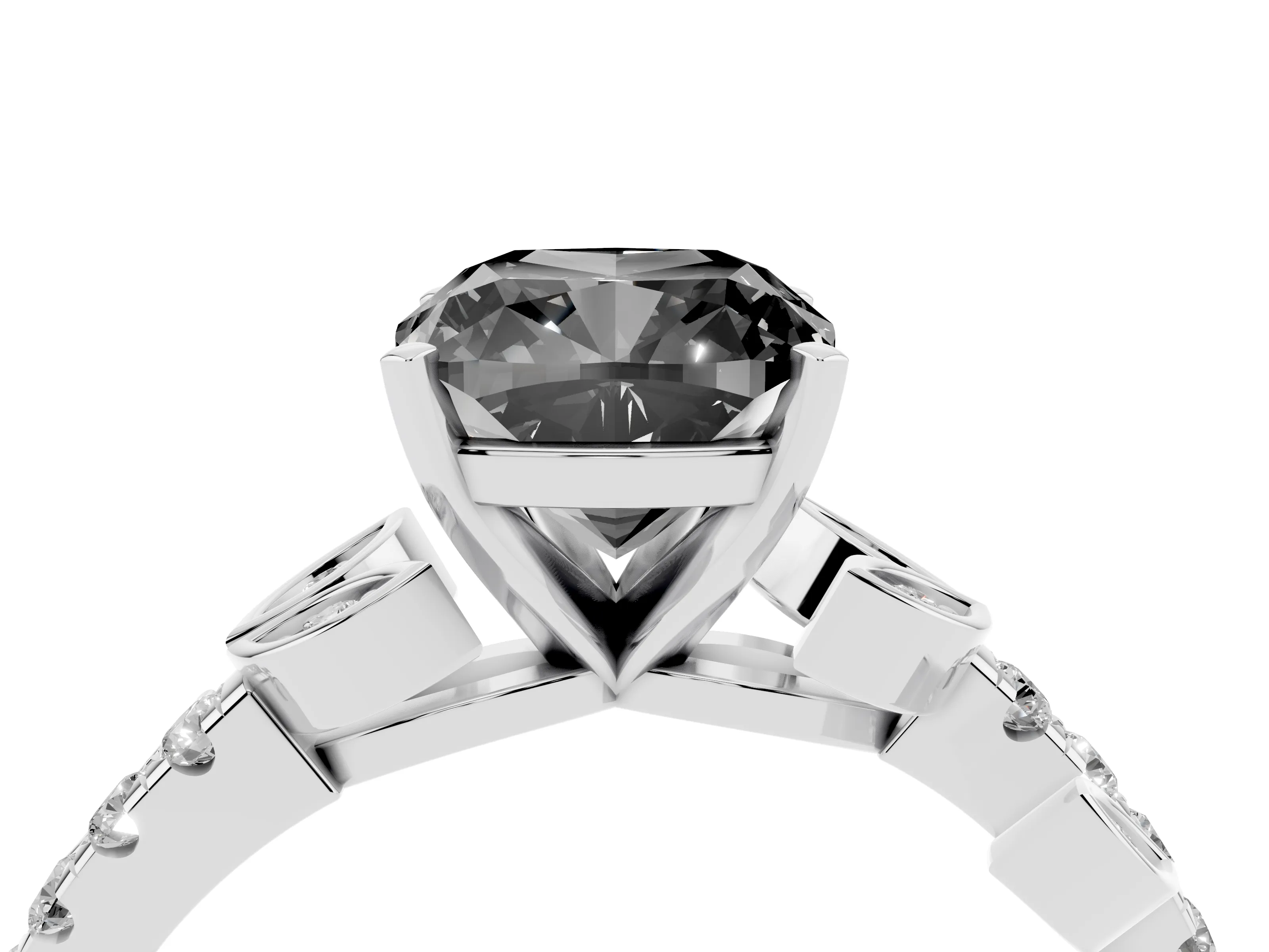 Fancy Black Cushion Cut Diamond Solitaire Leaf-Inspired Ring Set in Platinum with Pavé Band and Prong Setting
