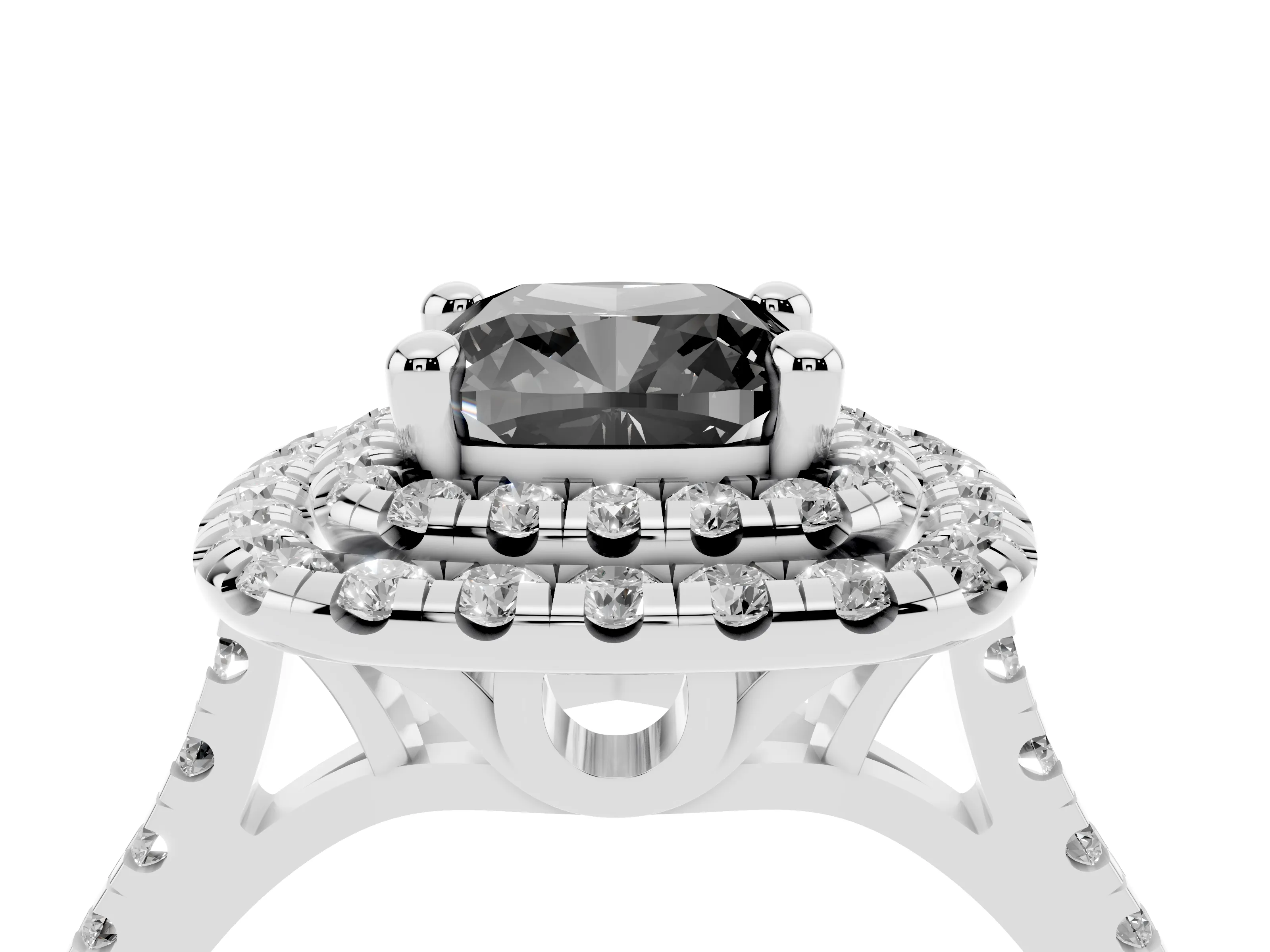 Fancy Black Cushion Cut Diamond Double Halo Statement Ring Set in White gold with Pavé Band