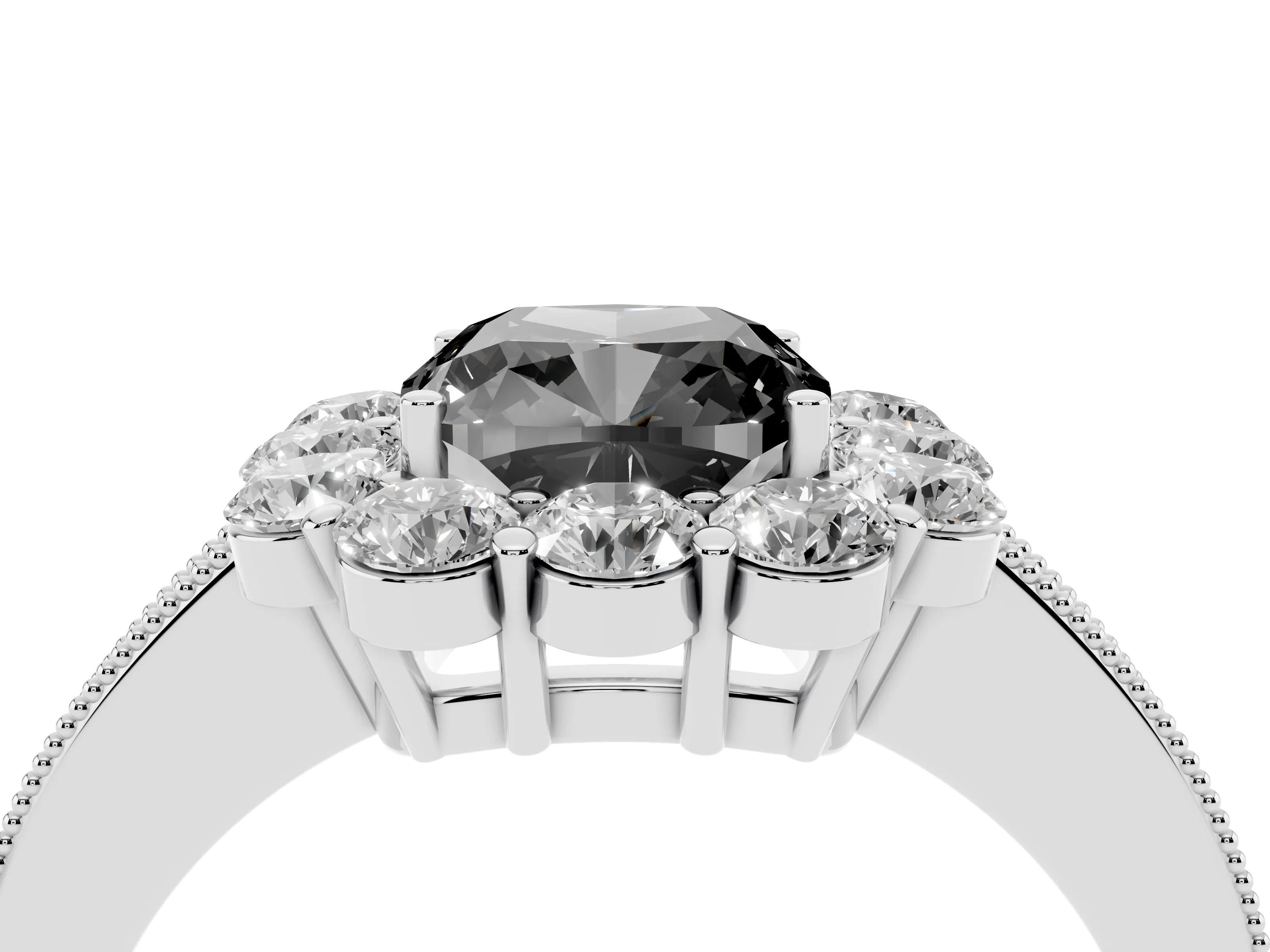 Fancy Black Cushion Cut Diamond Halo Pavé Engagement Ring Set in White gold with Milgrain Detailing
